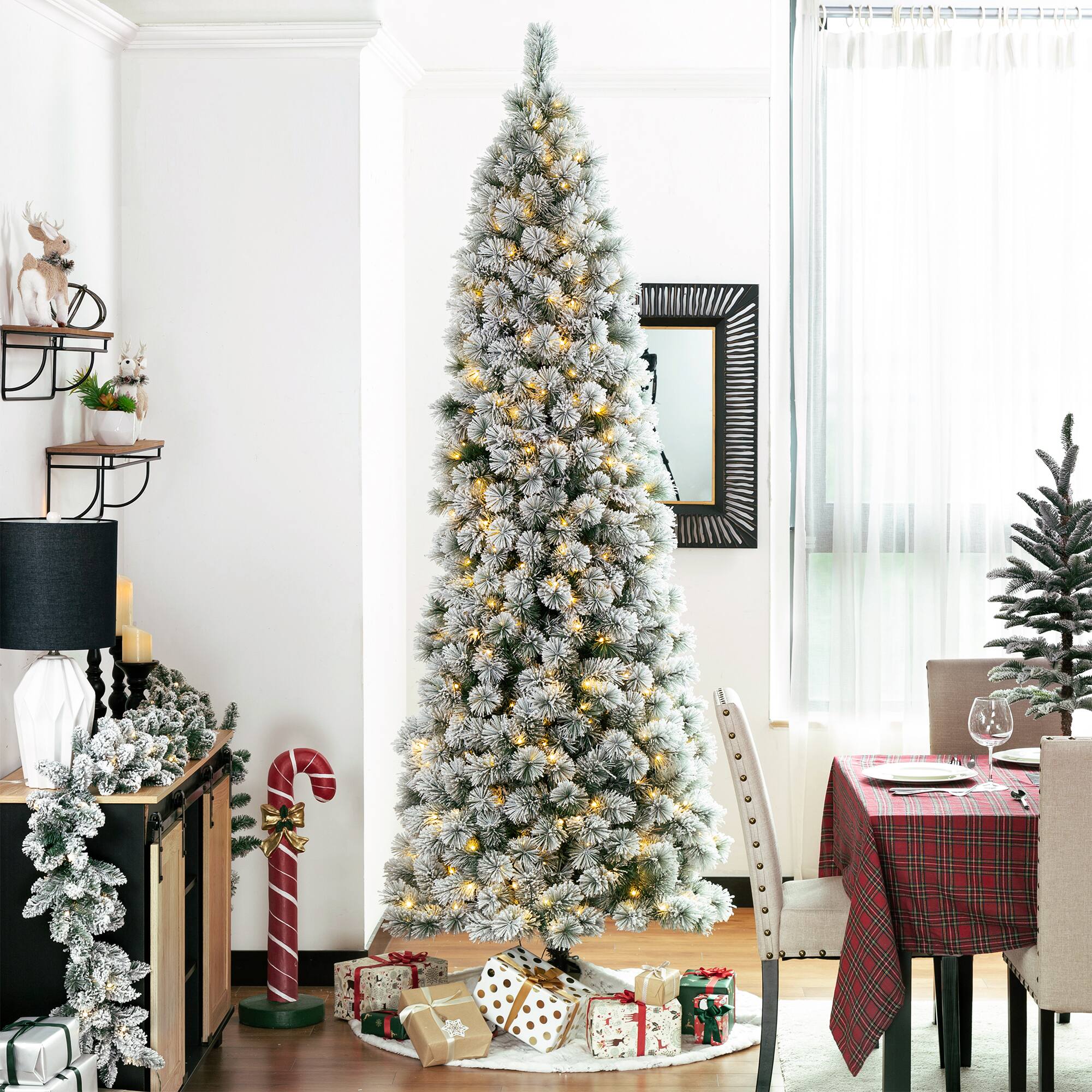 9ft. Pre-Lit Flocked Pine Pencil Artificial Christmas Tree, Warm White LED Lights