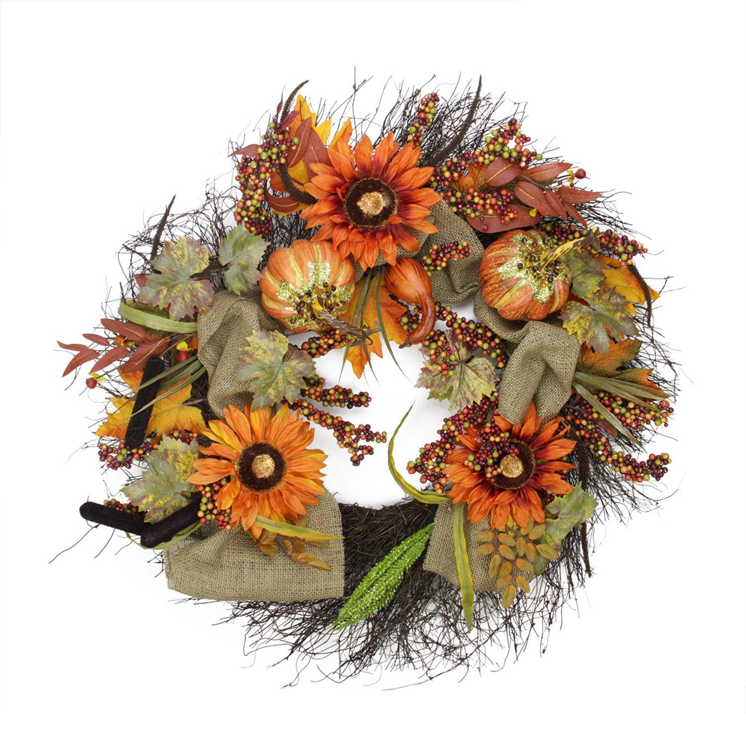 31" Harvest Sunflower & Pumpkin Thanksgiving Wreath, Unlit