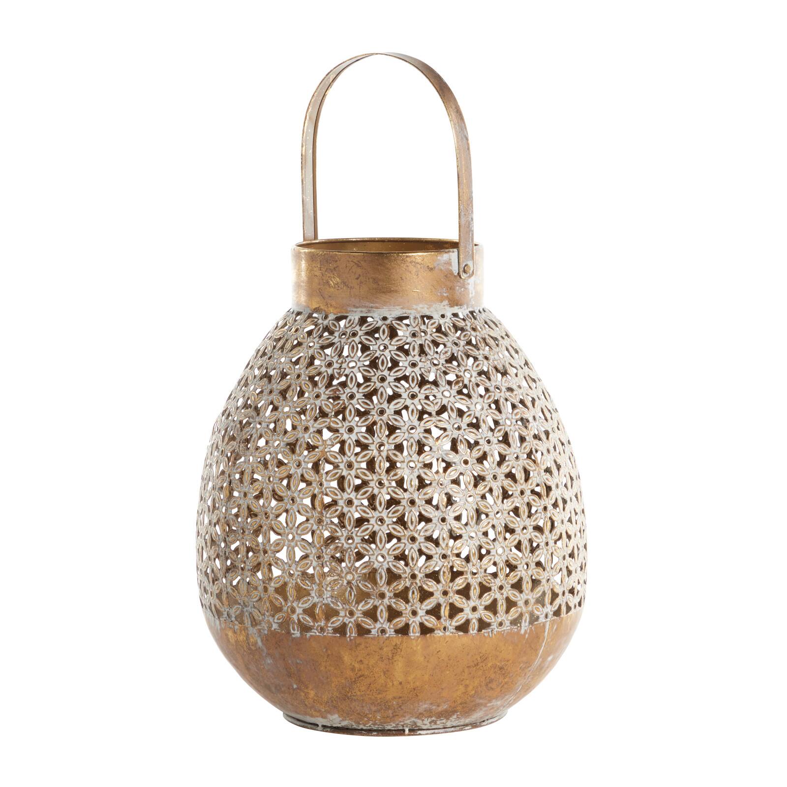 Gold Iron Eclectic Candle Holder Lantern, 16" x 13" x 14"