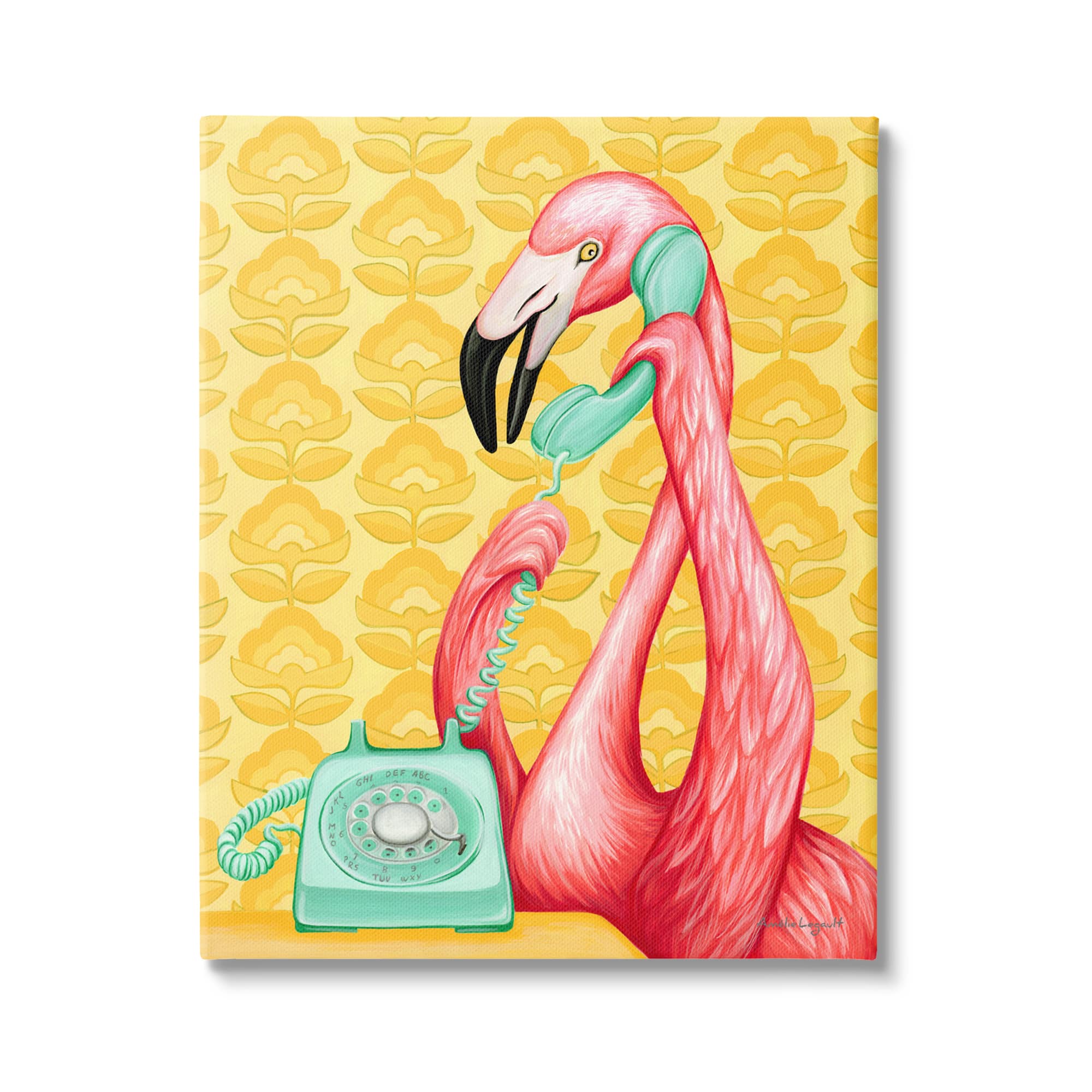 Stupell Industries Flamingo Calling Dial Telephone Groovy Flowers Canvas Wall Art