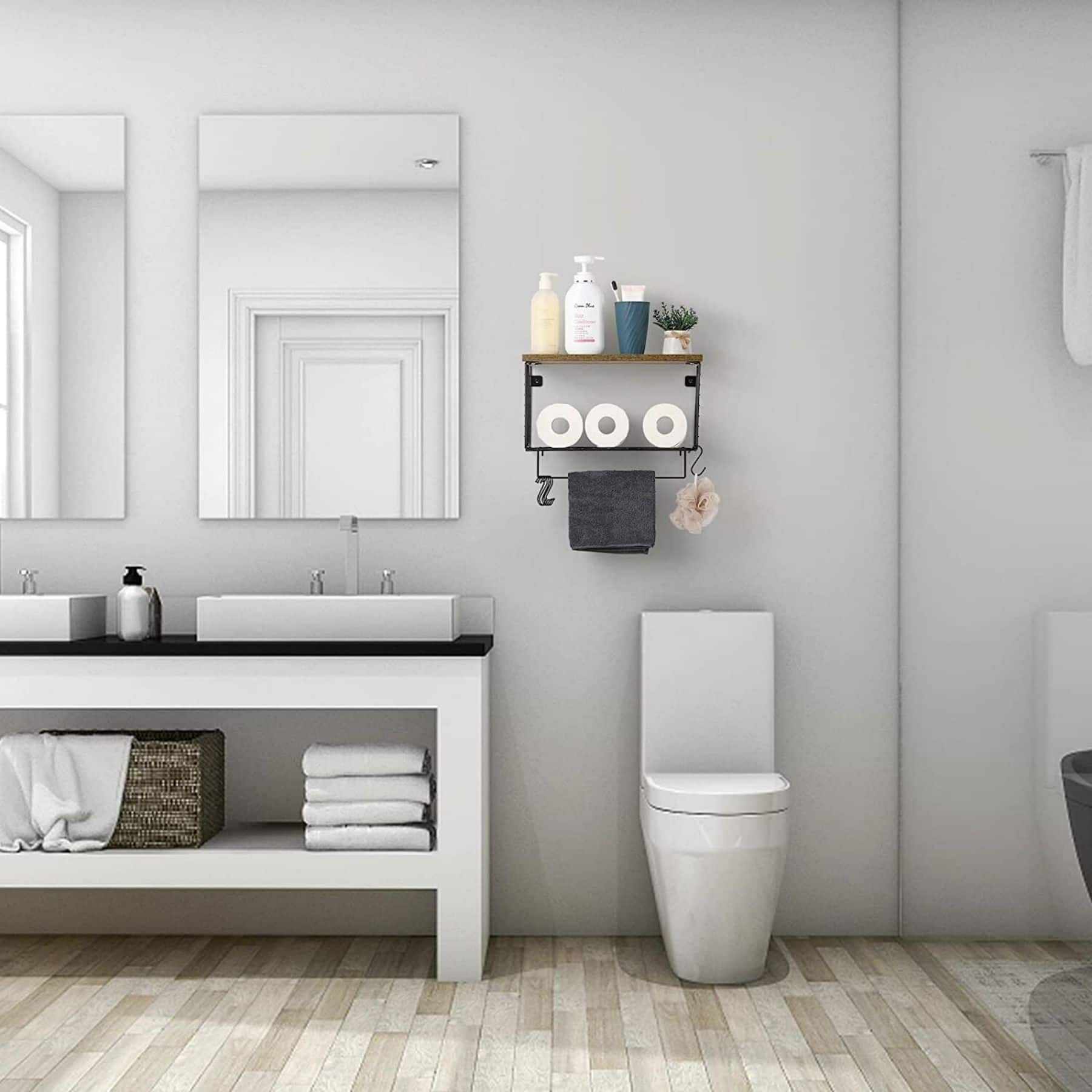 Wood & Metal Wall Mounted Bathroom Towel Rack with 6 Hooks