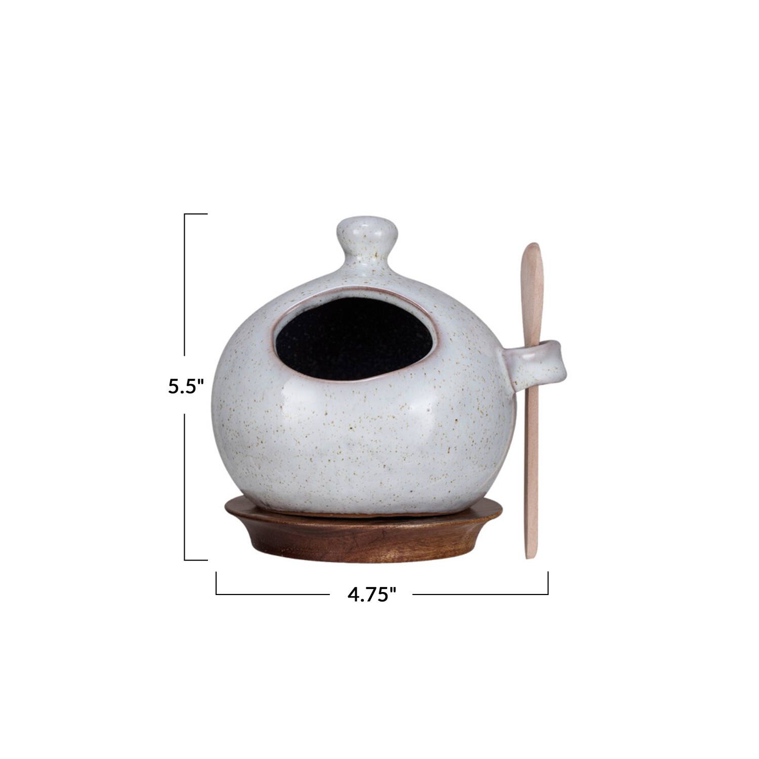 Hello Honey® 5.5" Cream Stoneware Salt Jar with Wood Spoon & Coaster