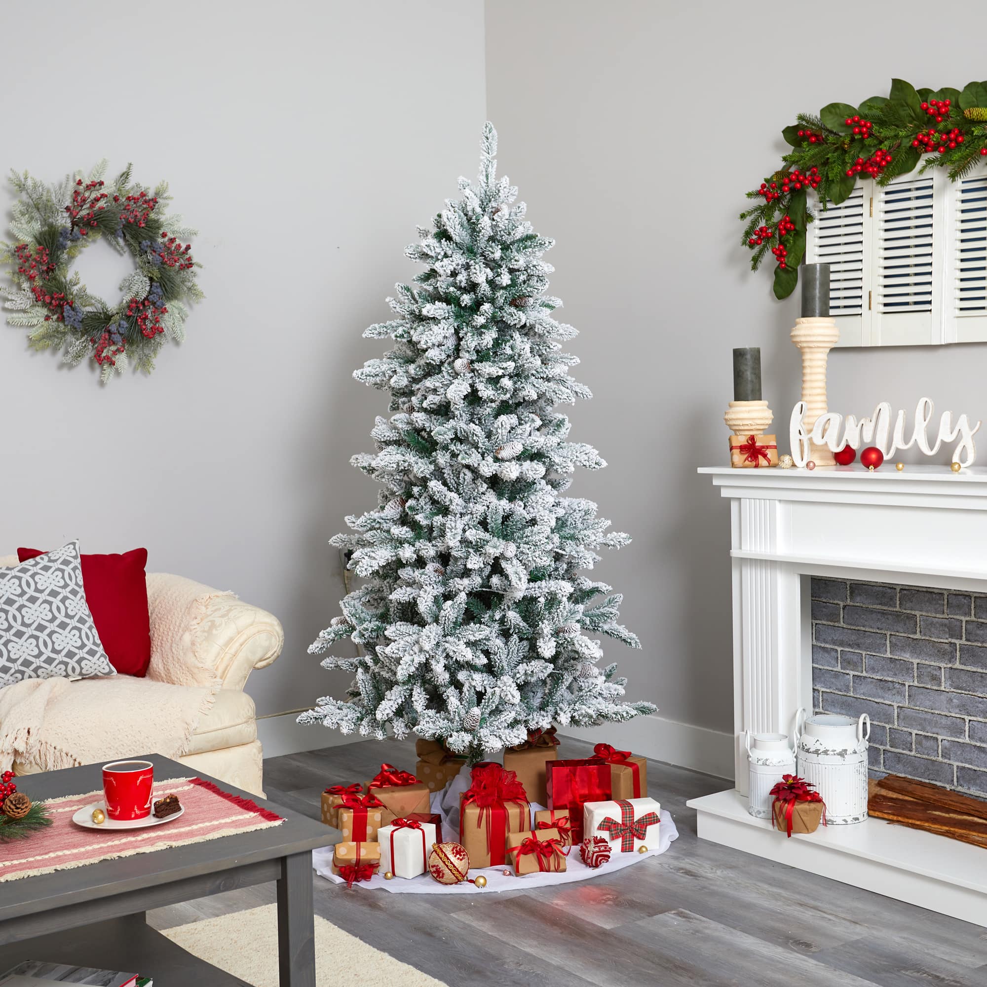6ft. Unlit Flocked Livingston Fir with Pinecones Artificial Christmas Tree