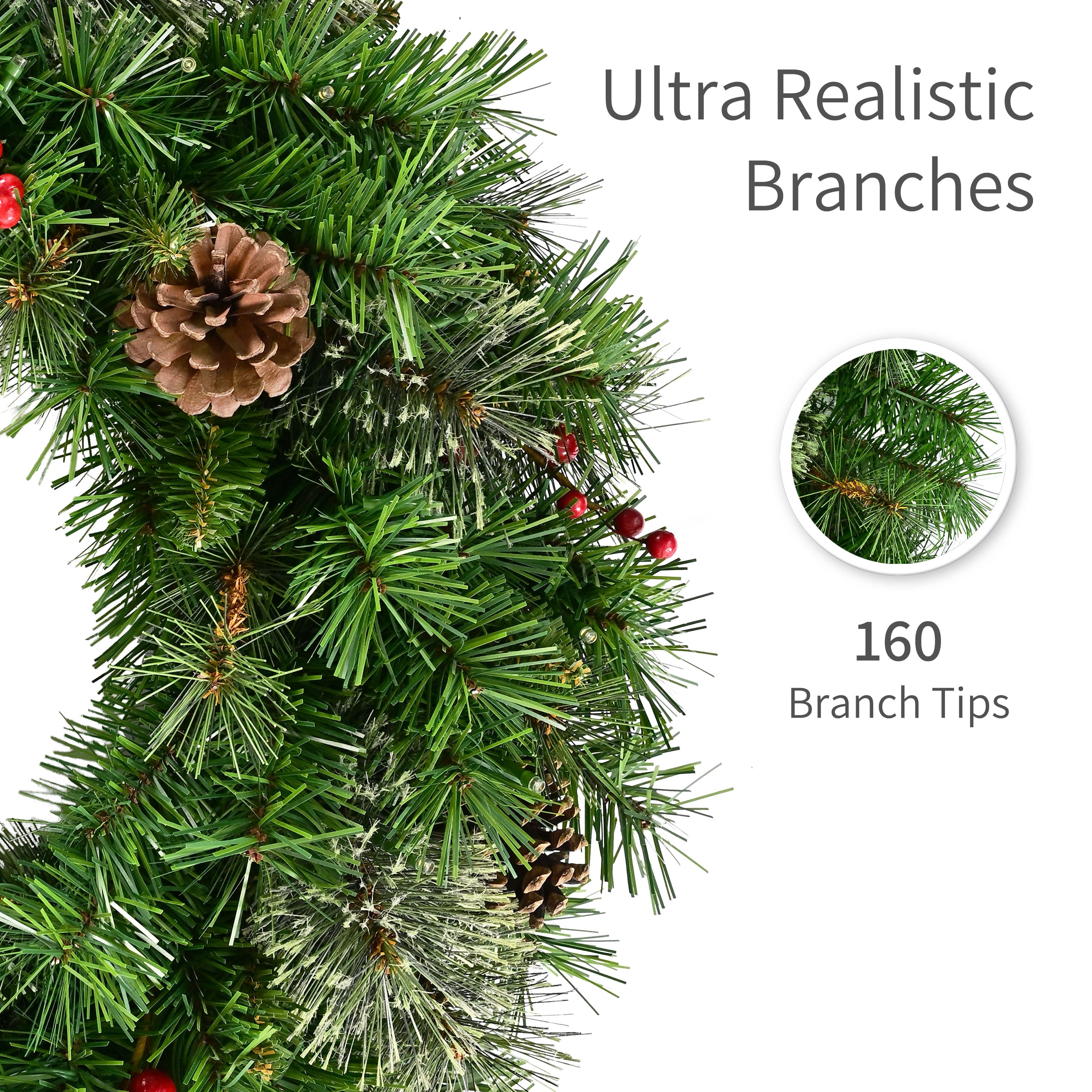 Puleo International 24" Pre-Lit Pine with Pinecones & Red Berries Artificial Wreath