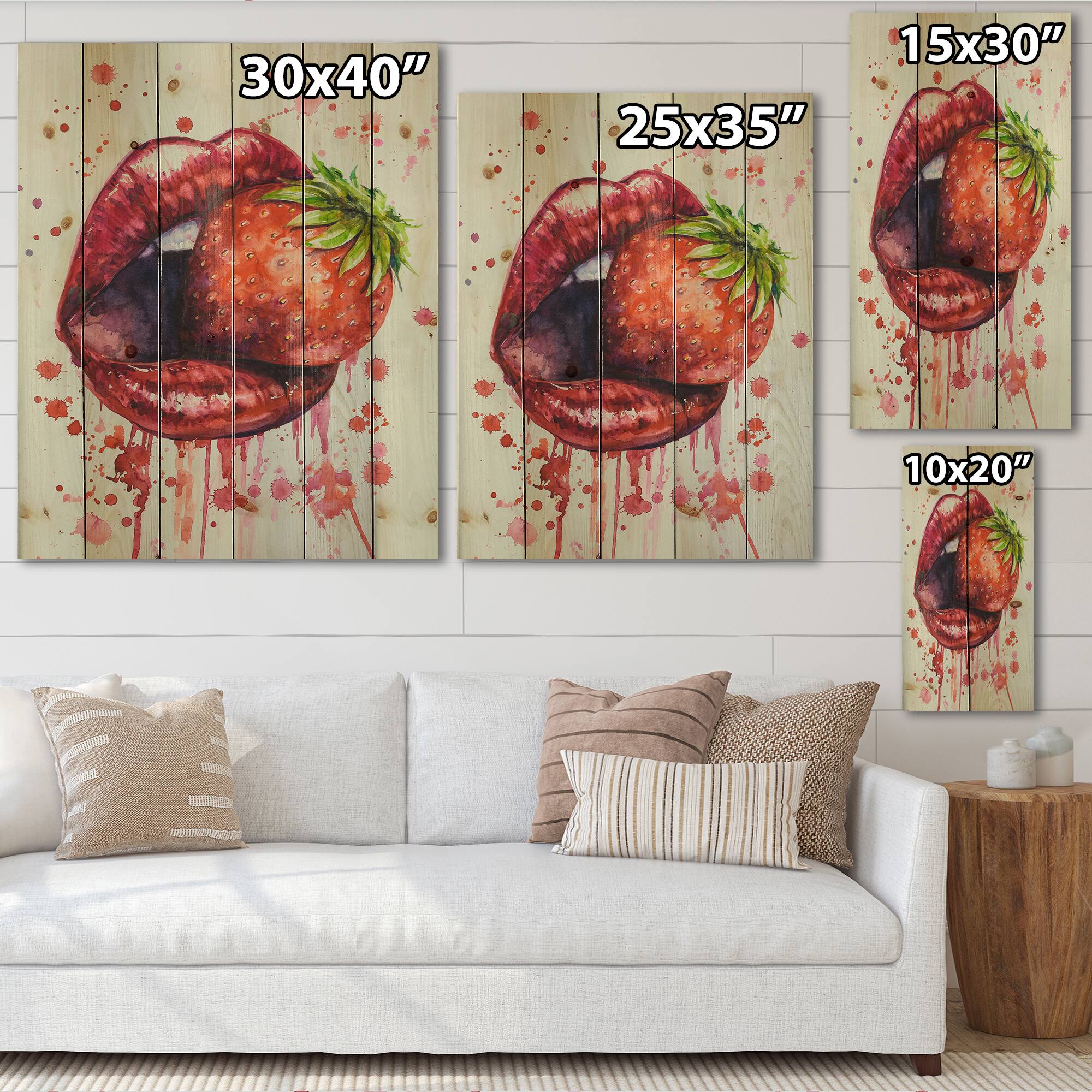 Designart - Red Woman Lips Eating A Strawberry - Modern Print on Natural Pine Wood