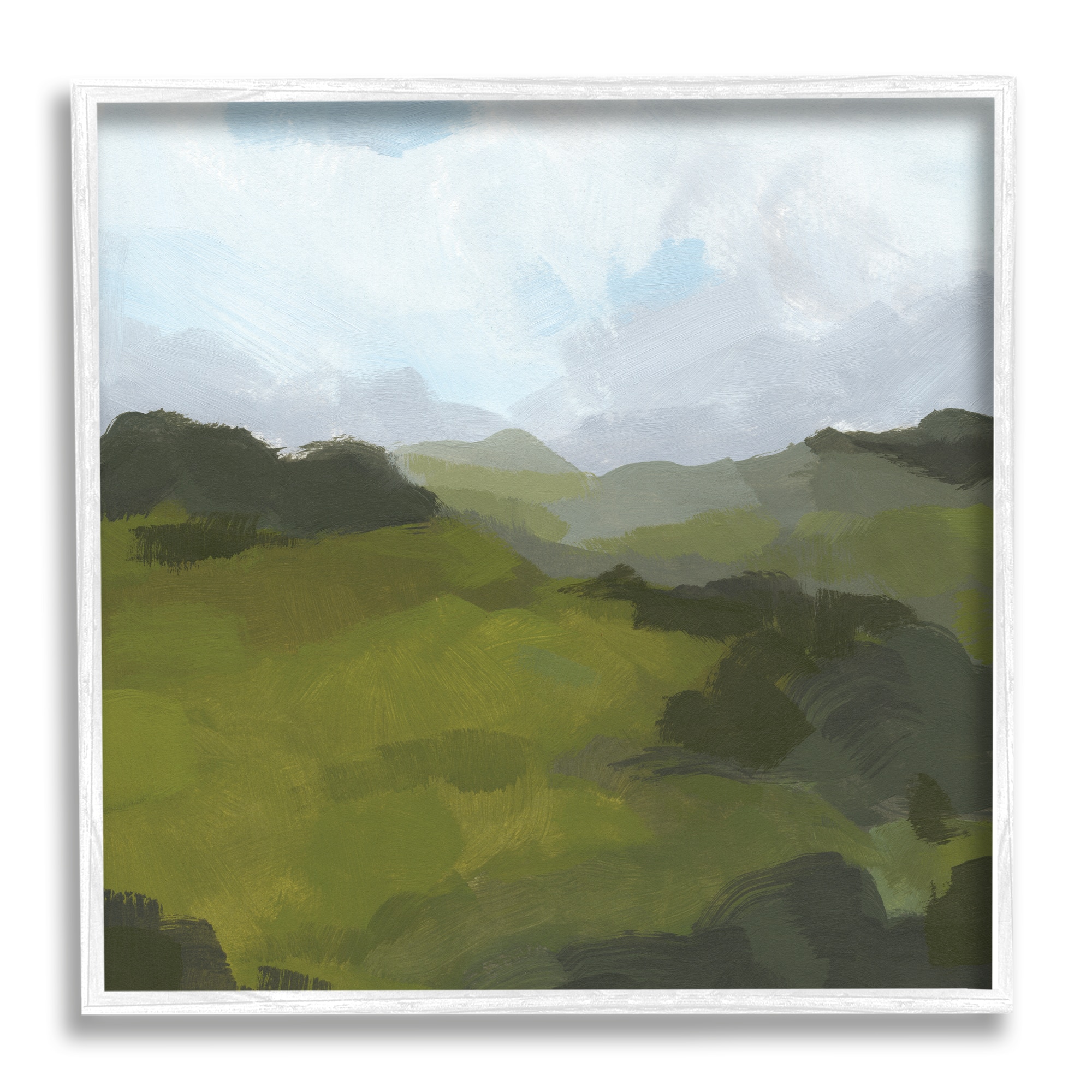 Stupell Industries Thick Green Meadow Landscape Cloudy Hazy Sky in White Frame Wall Art