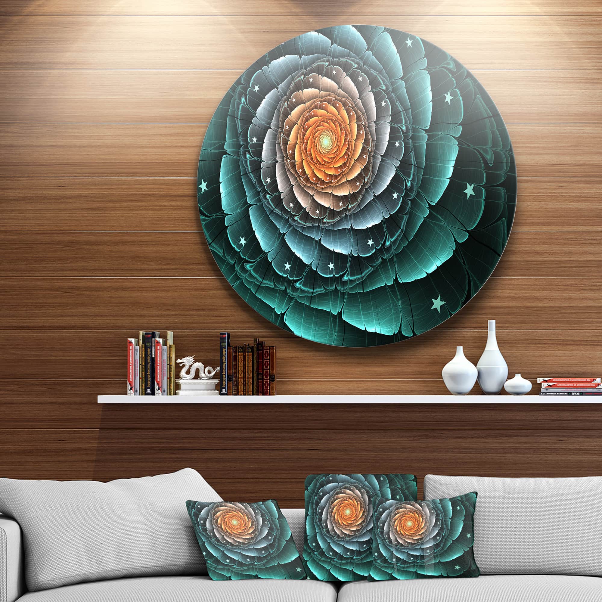 Designart - Fractal Flower Turquoise Digital Art' Floral Metal Circle Wall Art