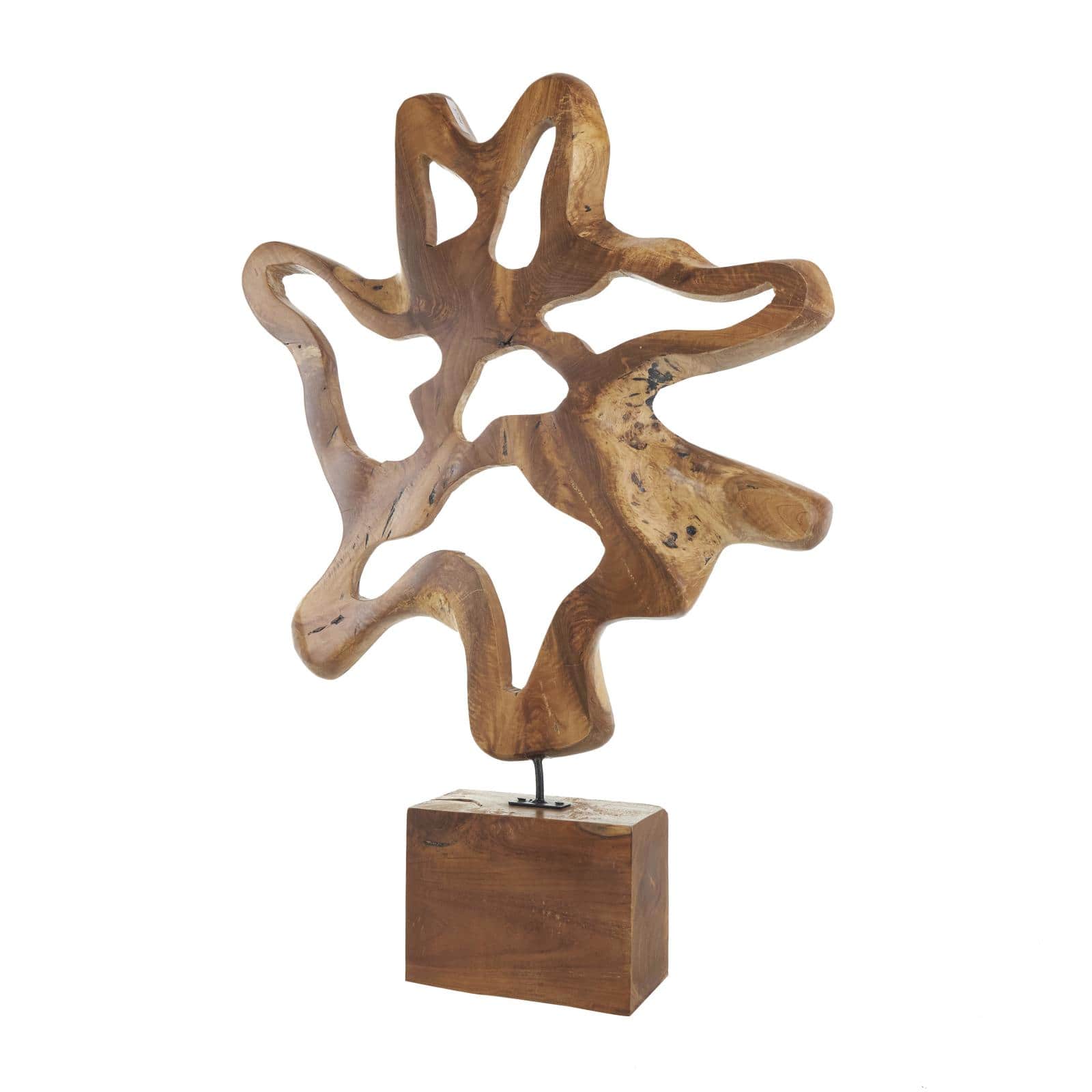 31" Brown Abstract Cutout Teak Wood Sculpture with Block Base