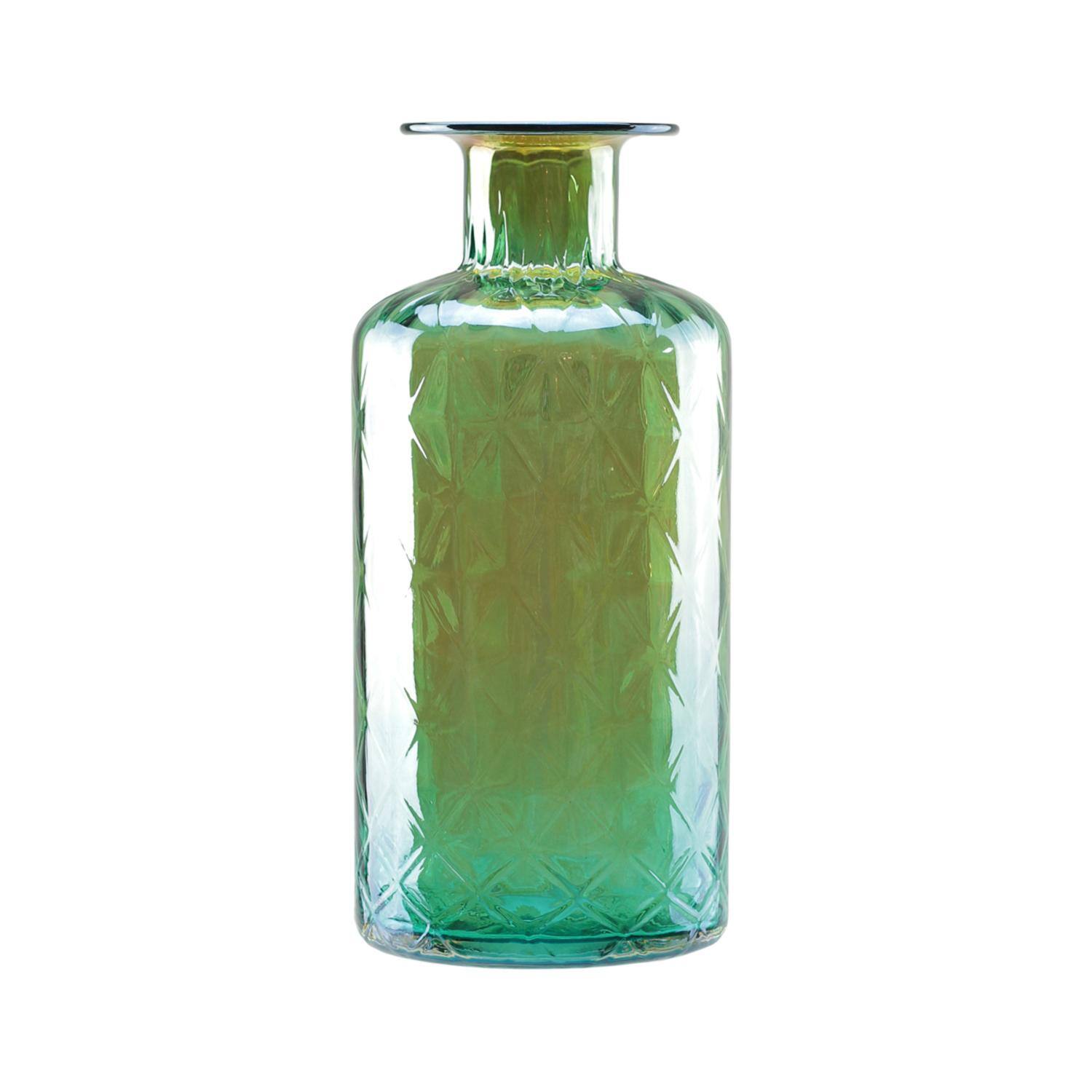 12.5" Lustrous Diamond Patterned Glass Vase, Forest Green