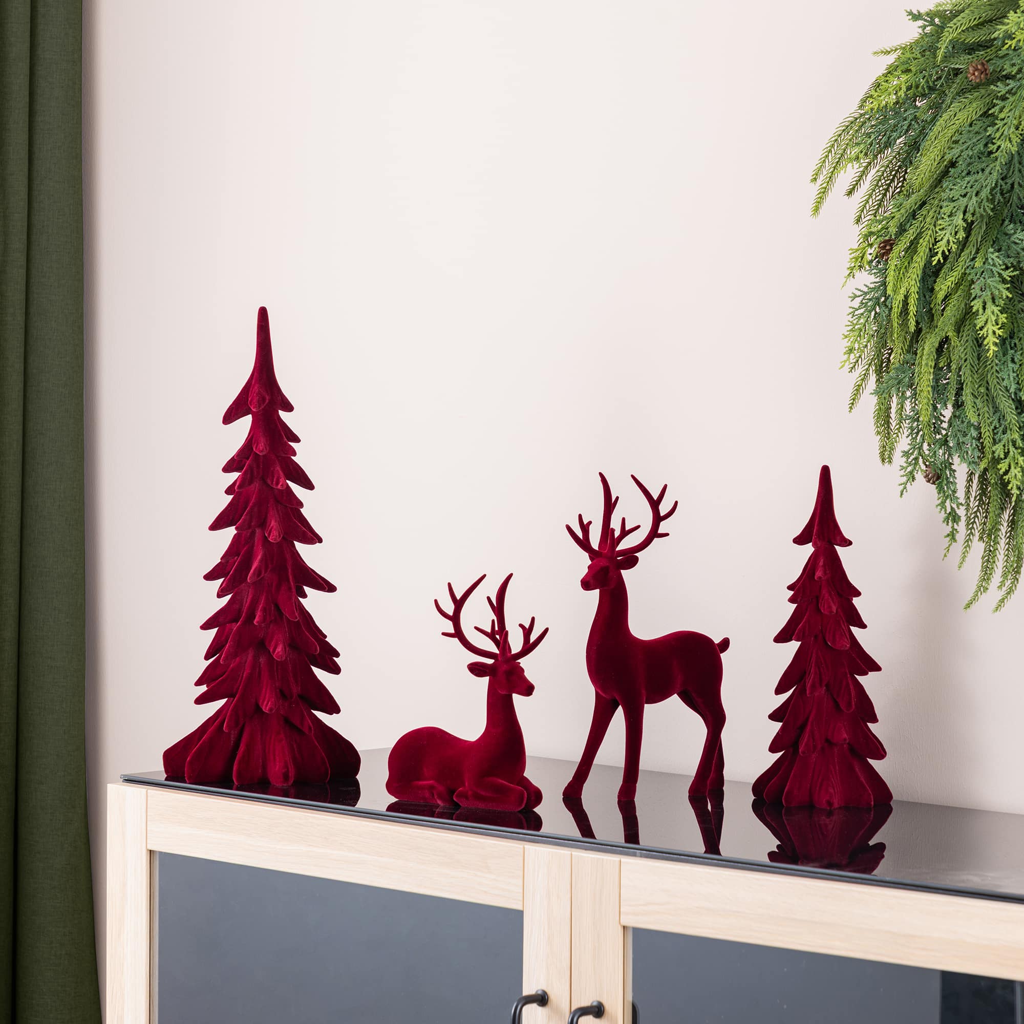 Glitzhome® Burgundy Flocked Reindeer with Tree Christmas Table Décor Set