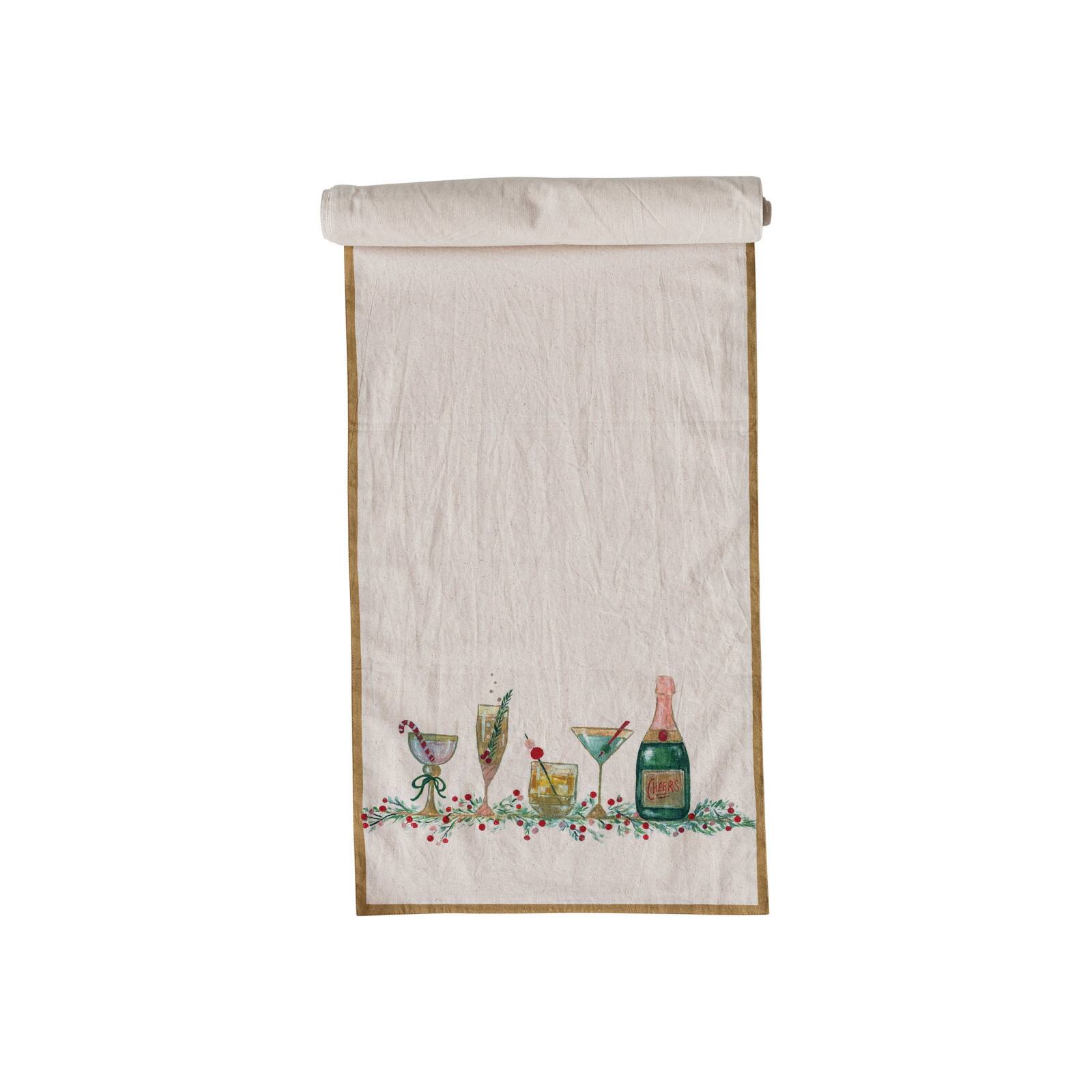 Hello Honey® 72" Holiday Cocktails & Gold Trim Cotton Printed Table Runner