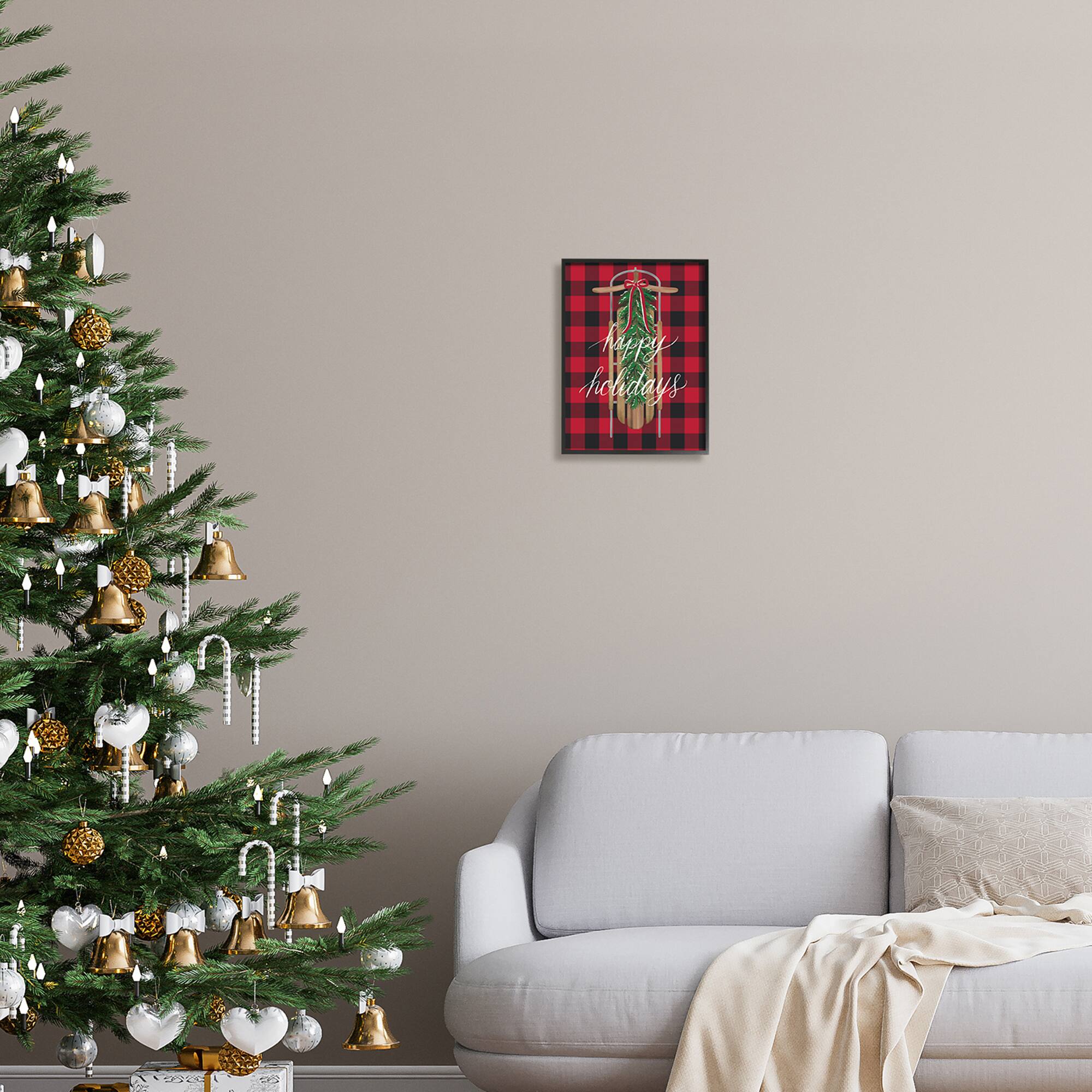 Stupell Industries Happy Holidays Tartan Sled Framed Giclee Art