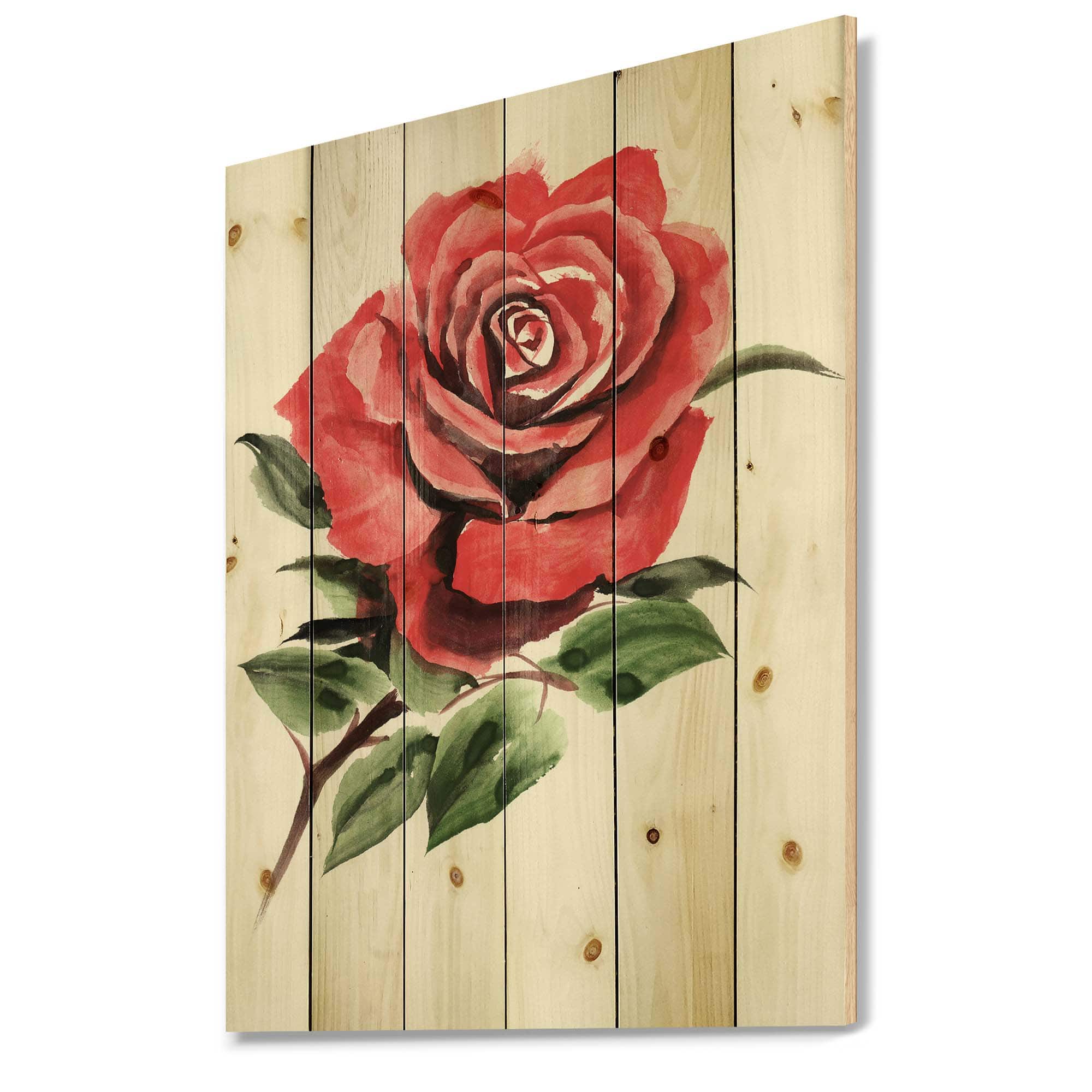 Designart - Vintage Red Rose Flower III - Traditional Print on Natural Pine Wood