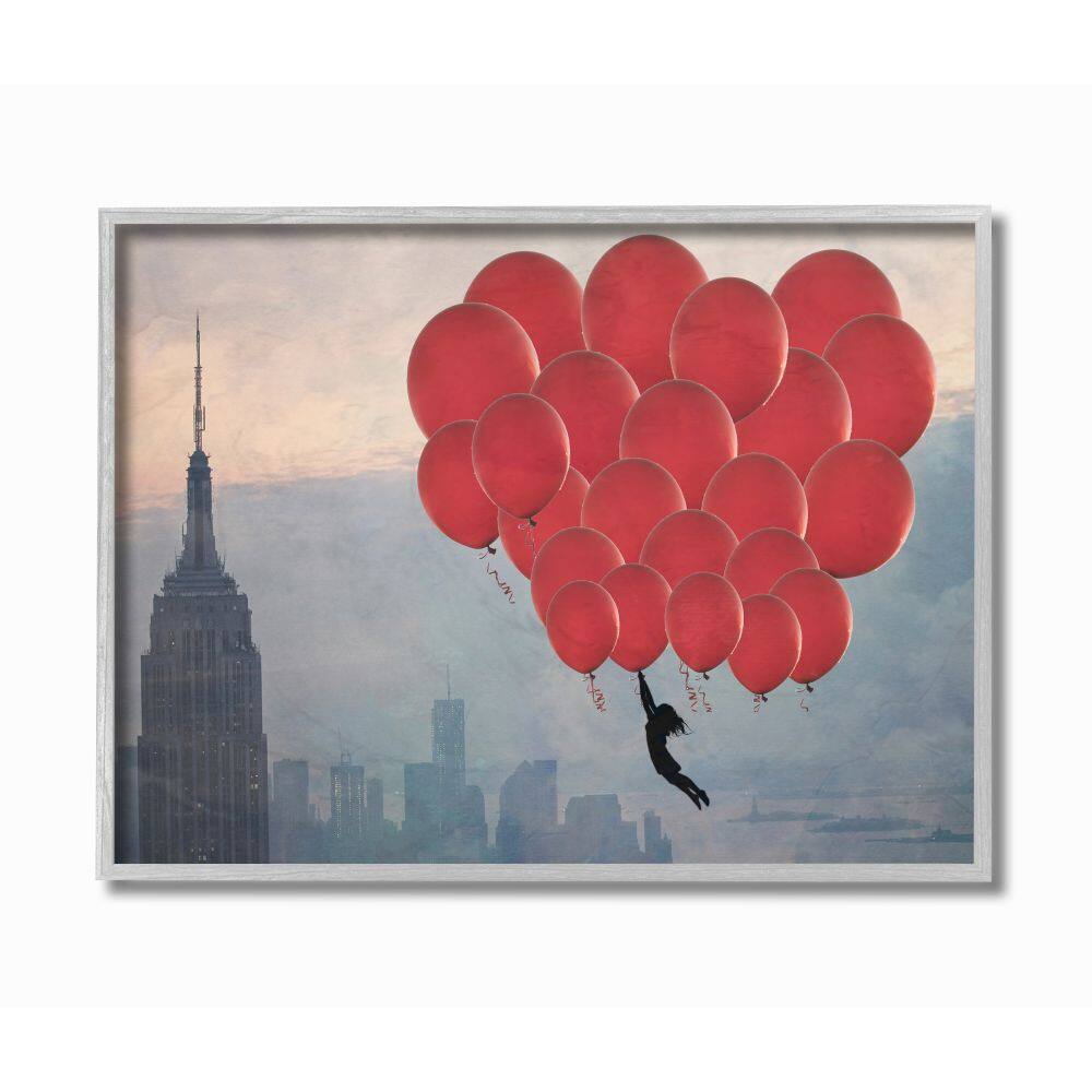 Stupell Industries Cityscape Girl Balloons Abstract Modern Collage Design in Gray Frame Wall Art