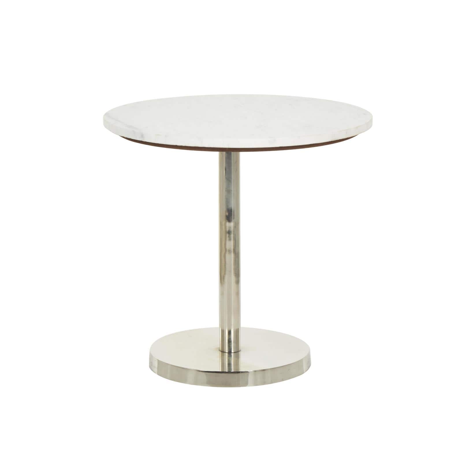19" x 20" Silver Metal Geometric Pedestal Accent with White Marble Tabletop