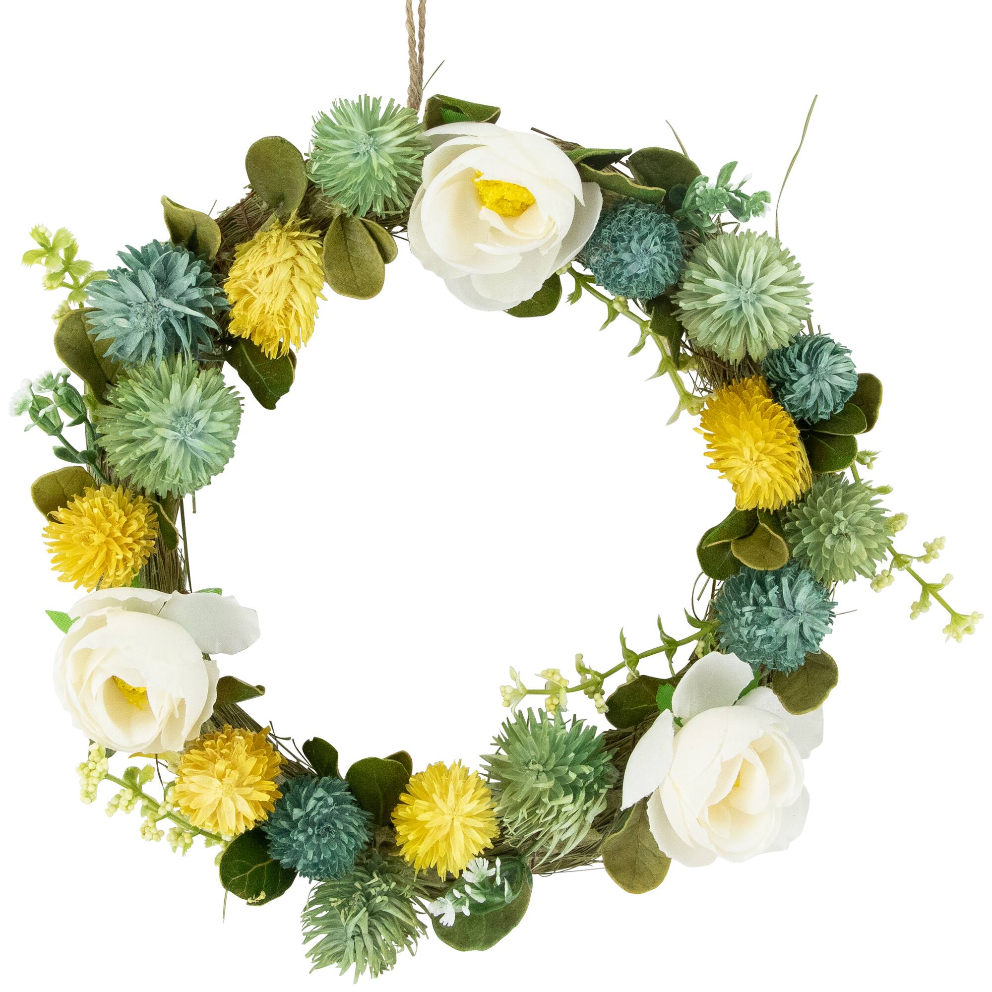 9" Cream Rose, Green & Yellow Thistle Hanging Spring Wreath