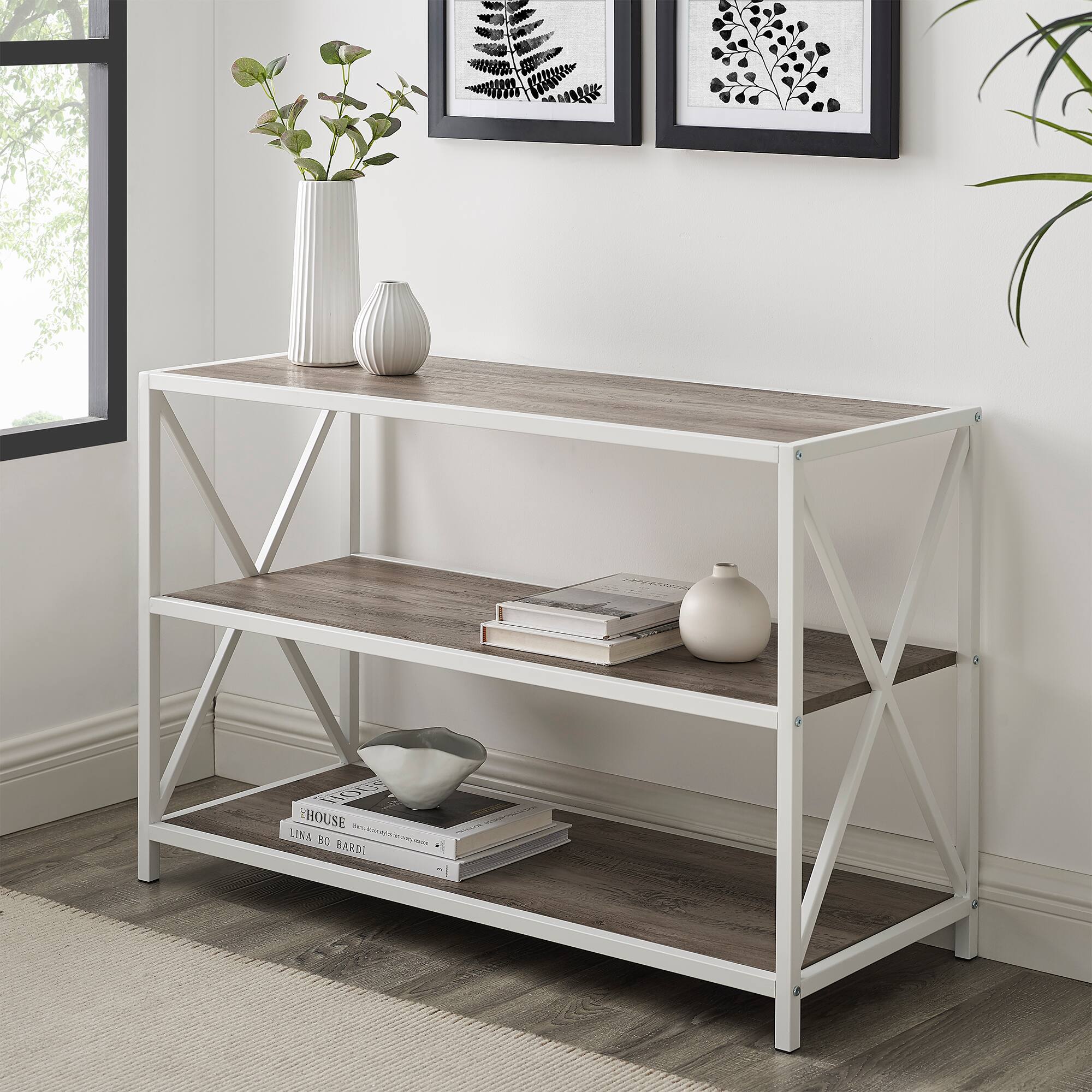 Walker Edison Gray Wash/White Metal X-Frame Industrial Wood Bookshelf