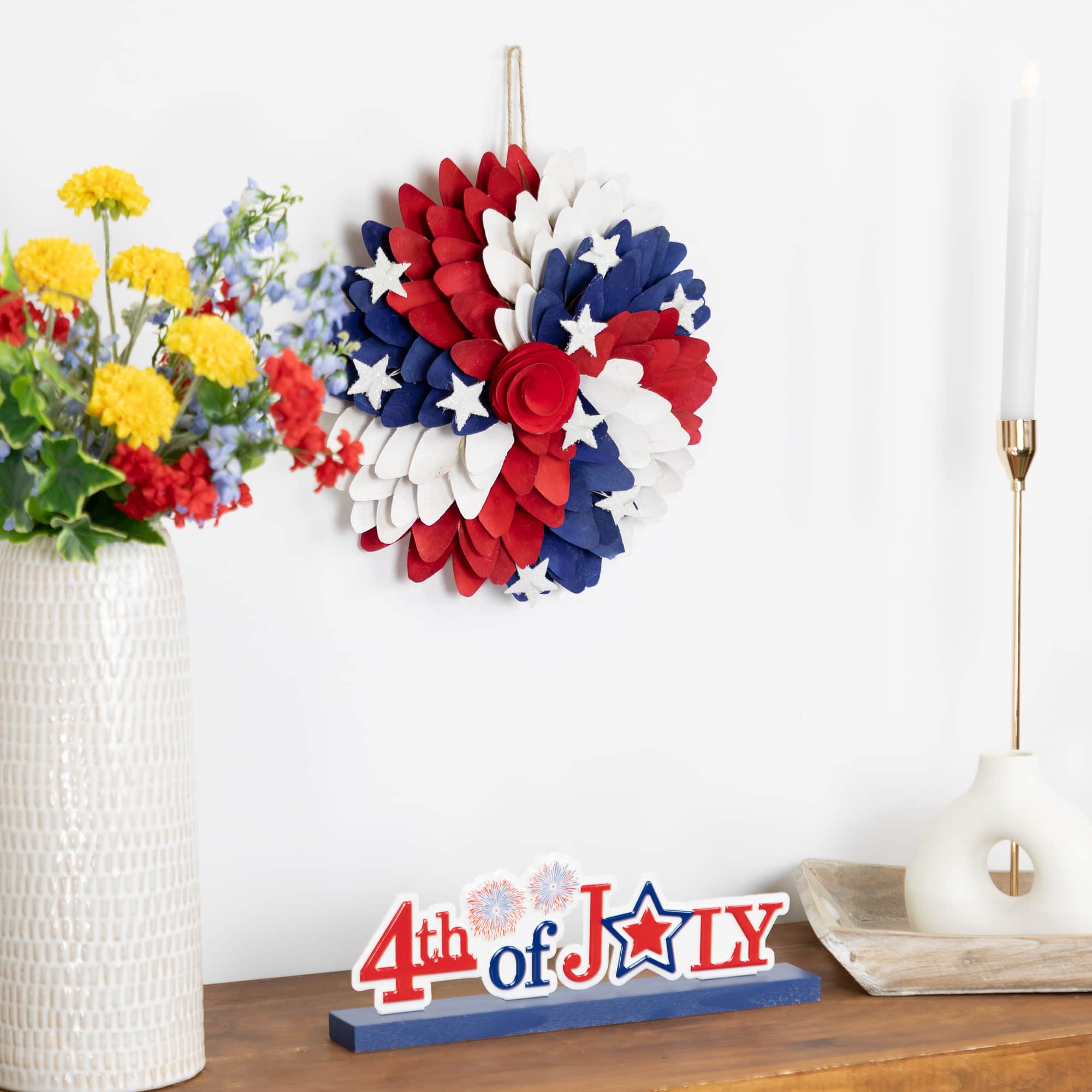 Small Americana Shaved Wood Petals and Rose Artificial Floral Wreath - 12"