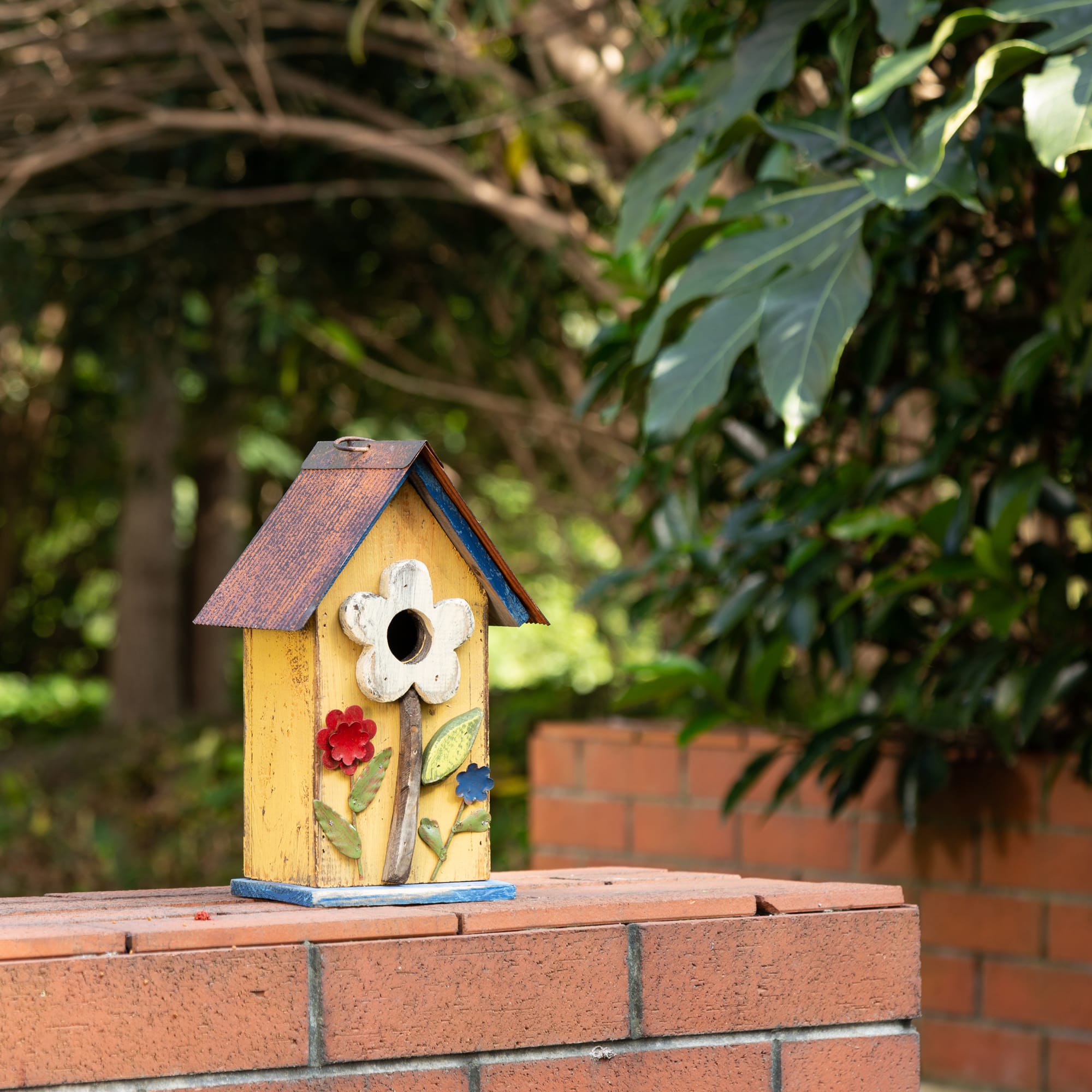 Glitzhome® Distressed Wooden Birdhouse with Flower