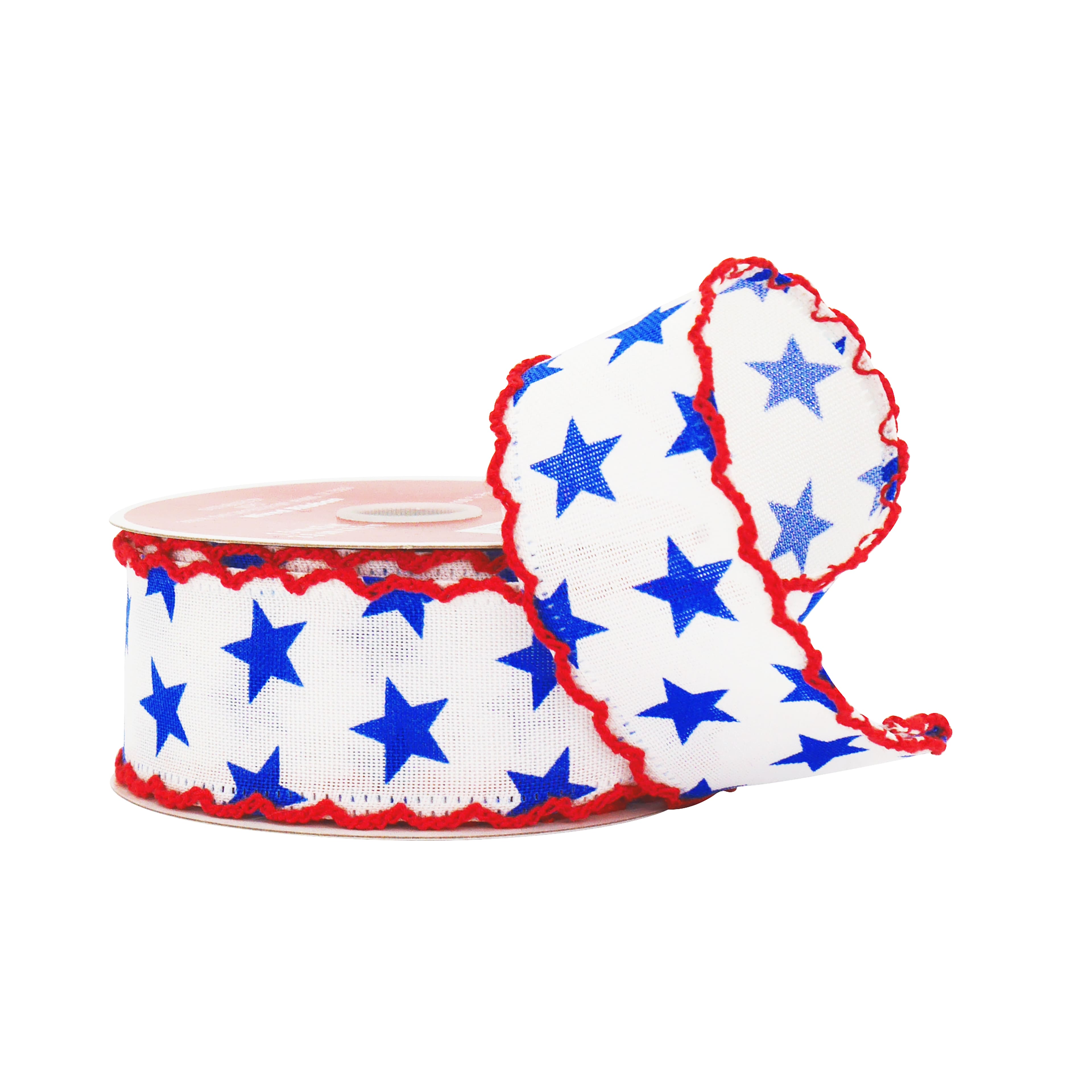 1.5" x 5yd. Blue & White Stars with Red Edge Wired Cross Linen Ribbon by Celebrate It®
