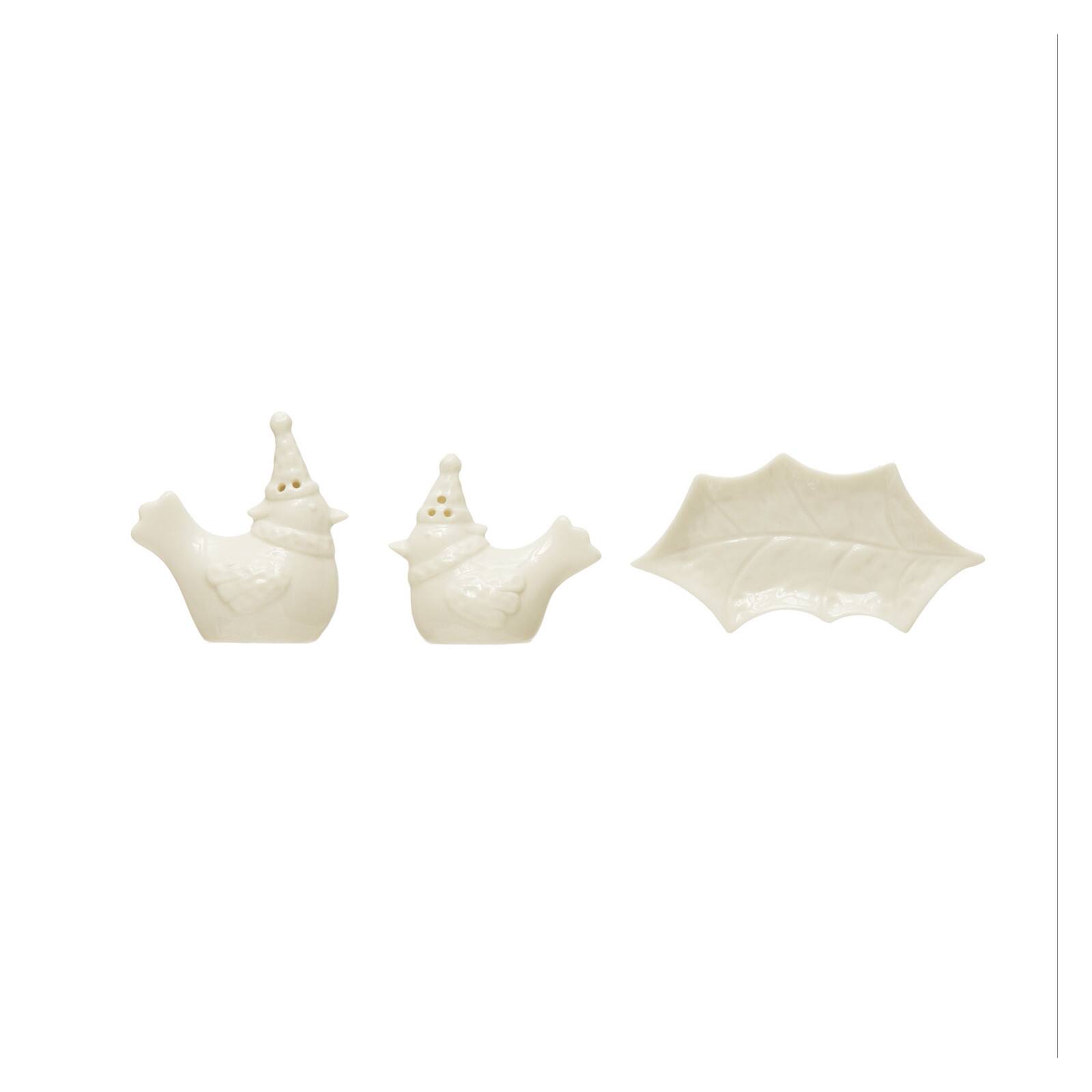 Hello Honey® White Stoneware Bird Salt & Pepper Shakers on Leaf