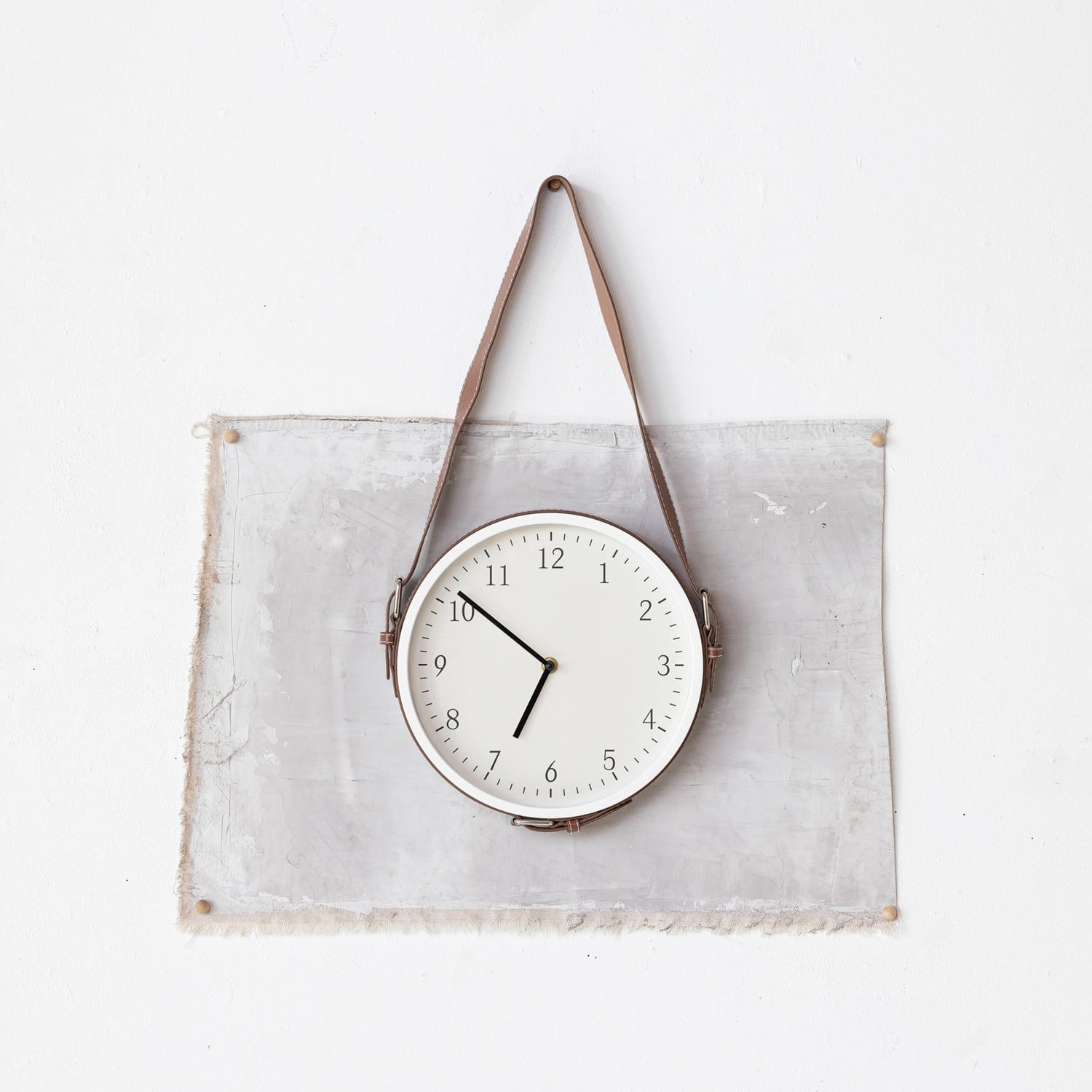 Hello Honey® White & Brown Plastic Hanging Wall Clock with Leather Strap