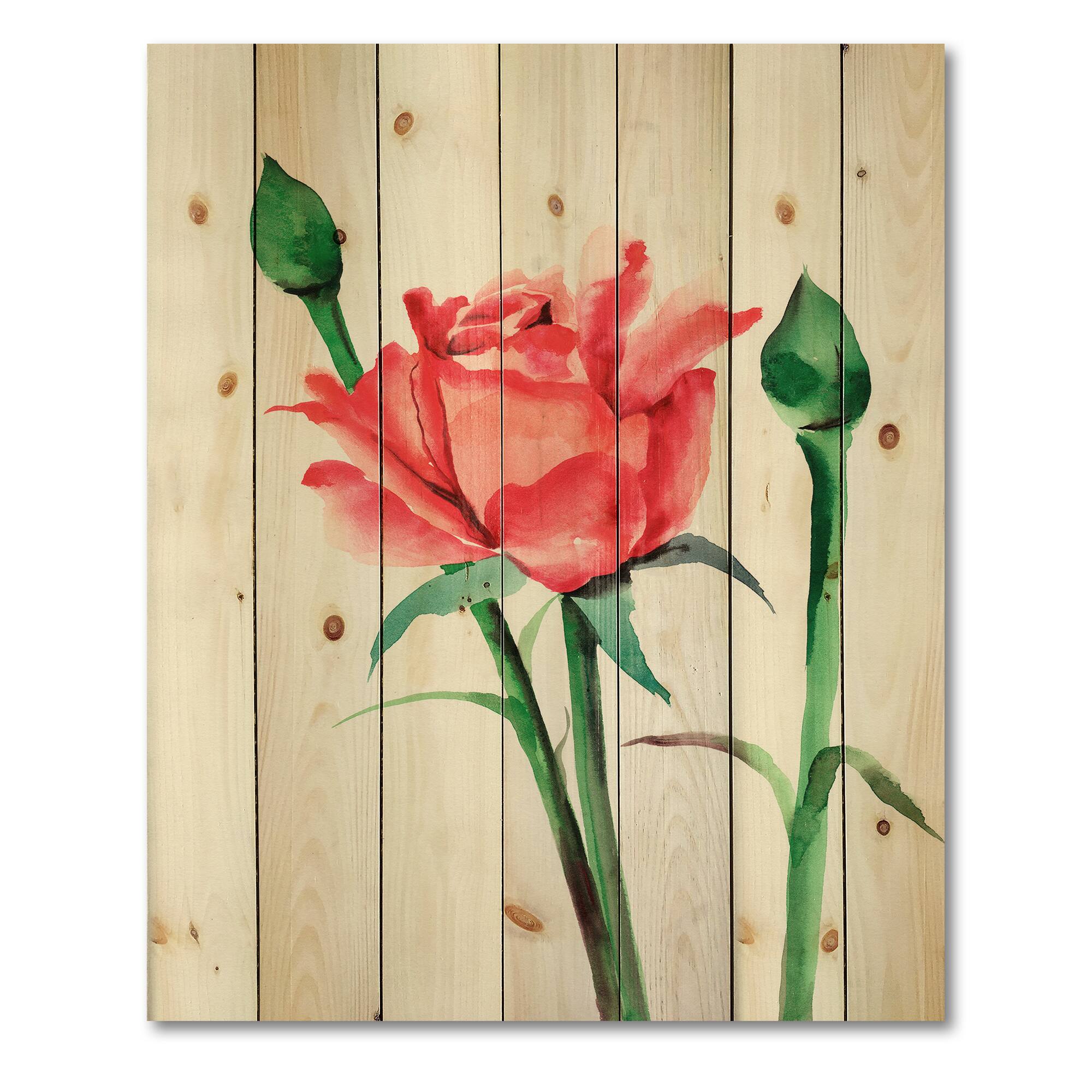 Designart - Red Rose With Buds - Traditional Print on Natural Pine Wood
