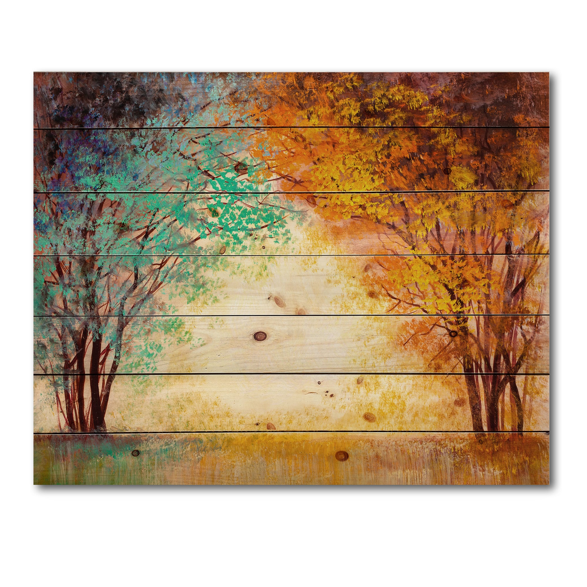 Designart - Alley Through The Park In Autumn Sunset - Traditional Print on Natural Pine Wood