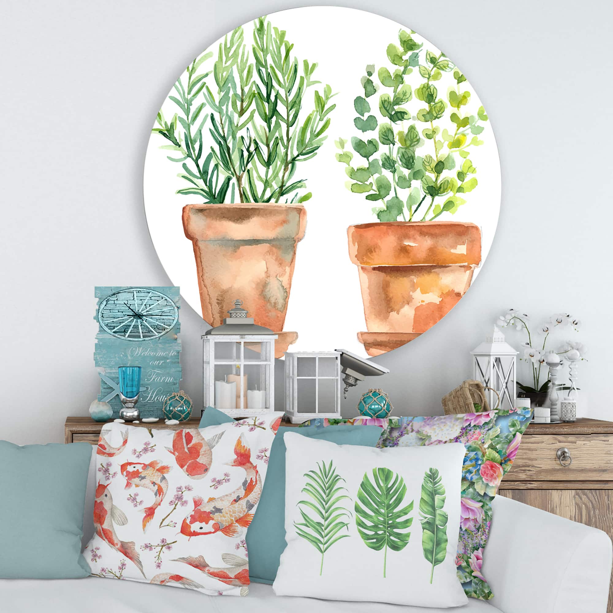 Designart - Two Green House Plants In Orange Flower Pots