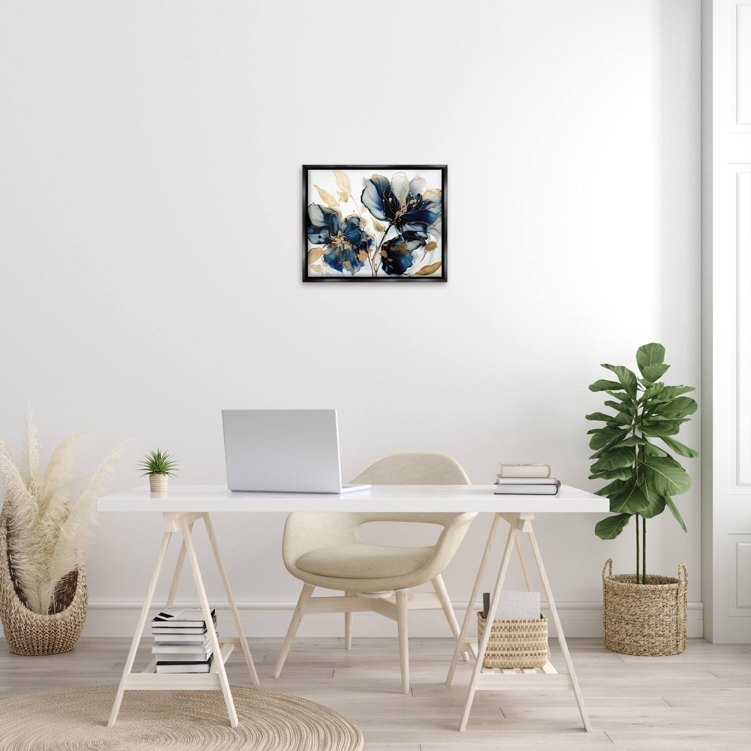 Stupell Industries Blue Swirling Modern Flowers Floater Framed Art