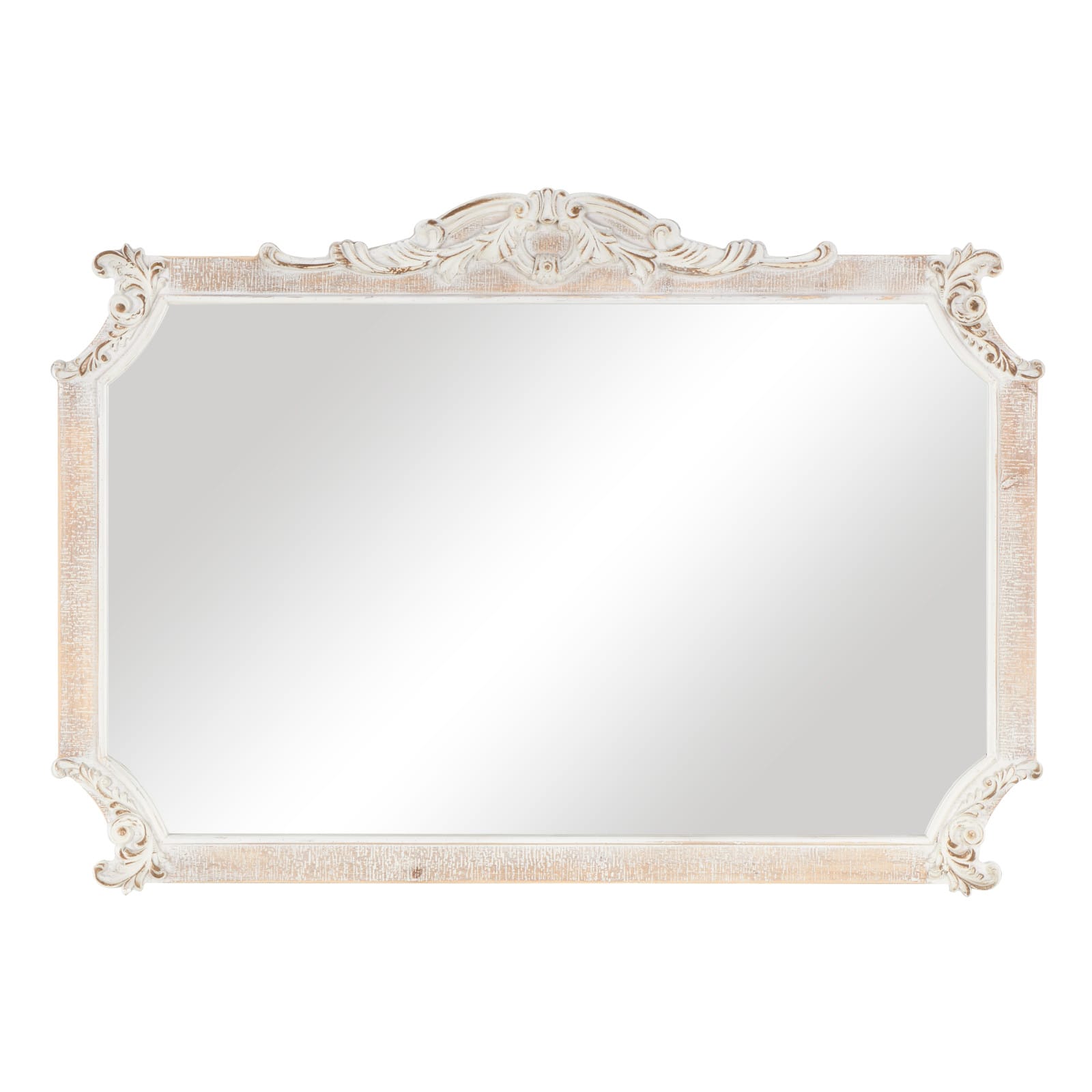 Cream Wooden Scroll Wall Mirror with Curved Corners and Brown Distressing