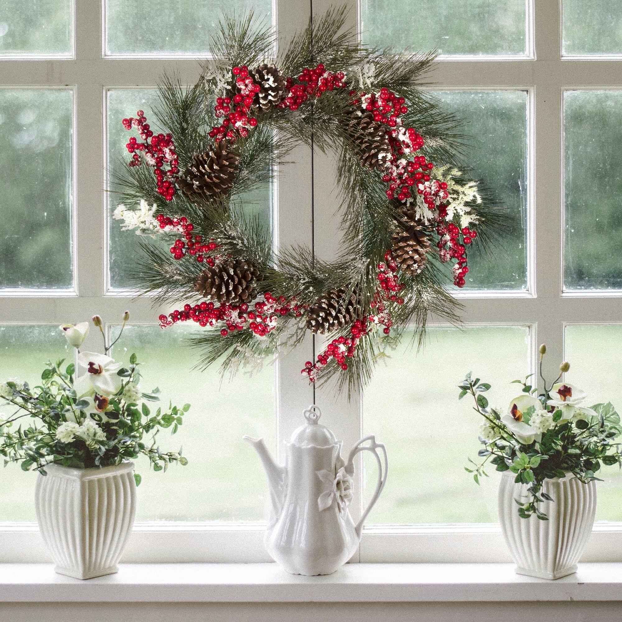 Glitzhome® 24" Flocked Pinecone & Berry Wreath