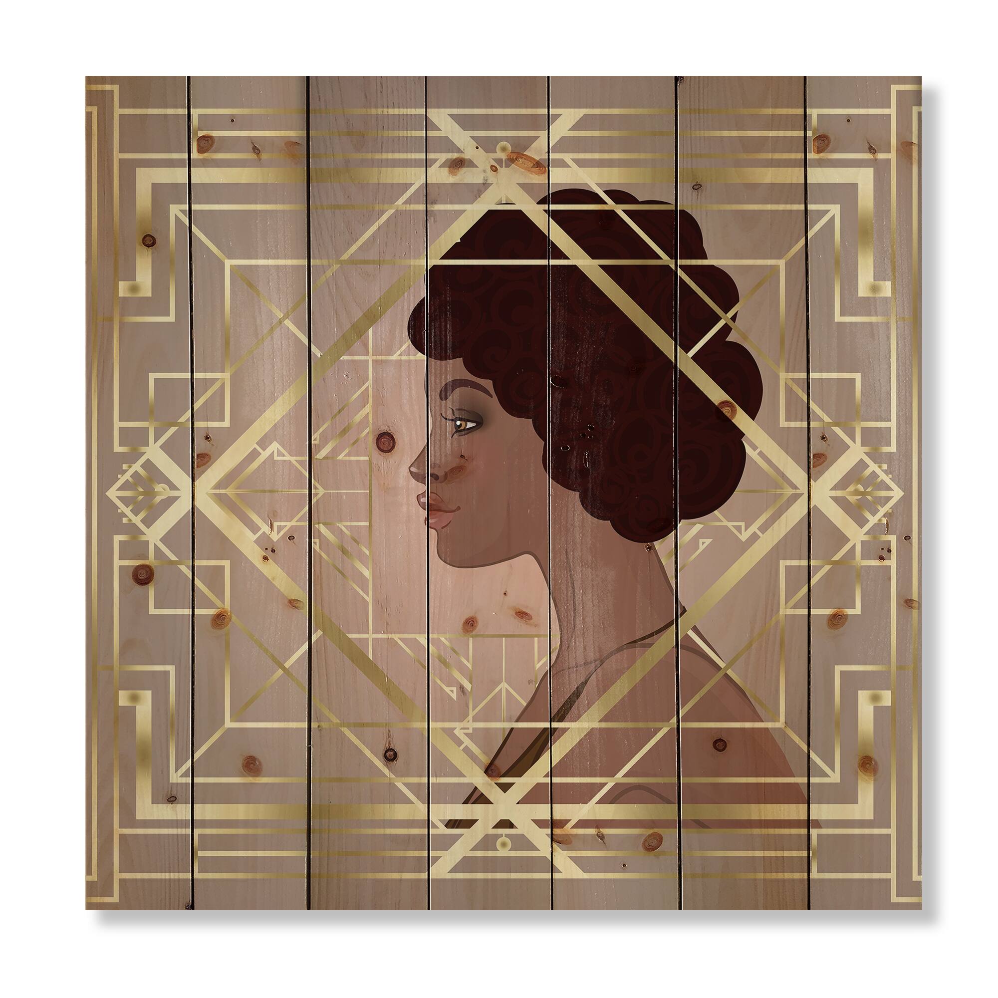 Designart - Retro Women In Golden Art Deco Geometrics II - Modern Print on Natural Pine Wood