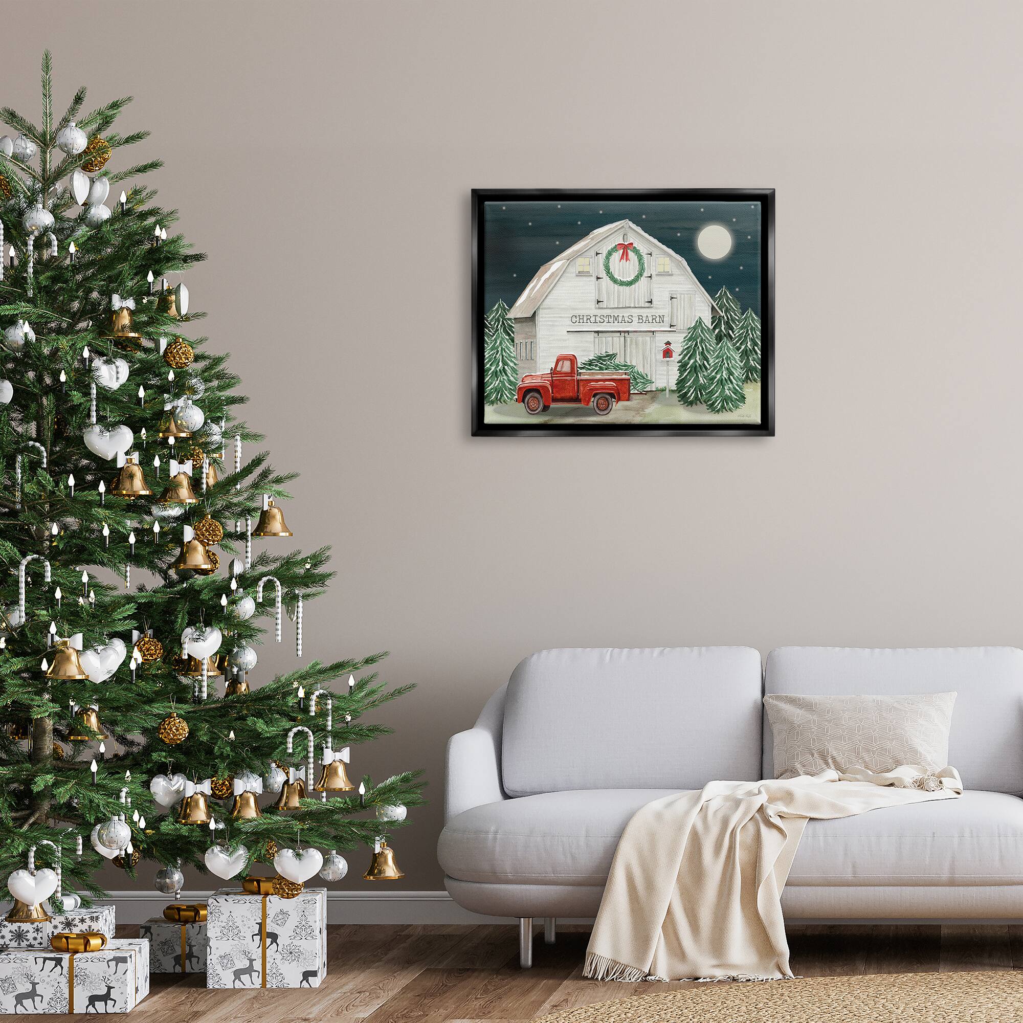 Stupell Industries Nighttime Christmas Barn Farm Framed Floater Canvas Wall Art