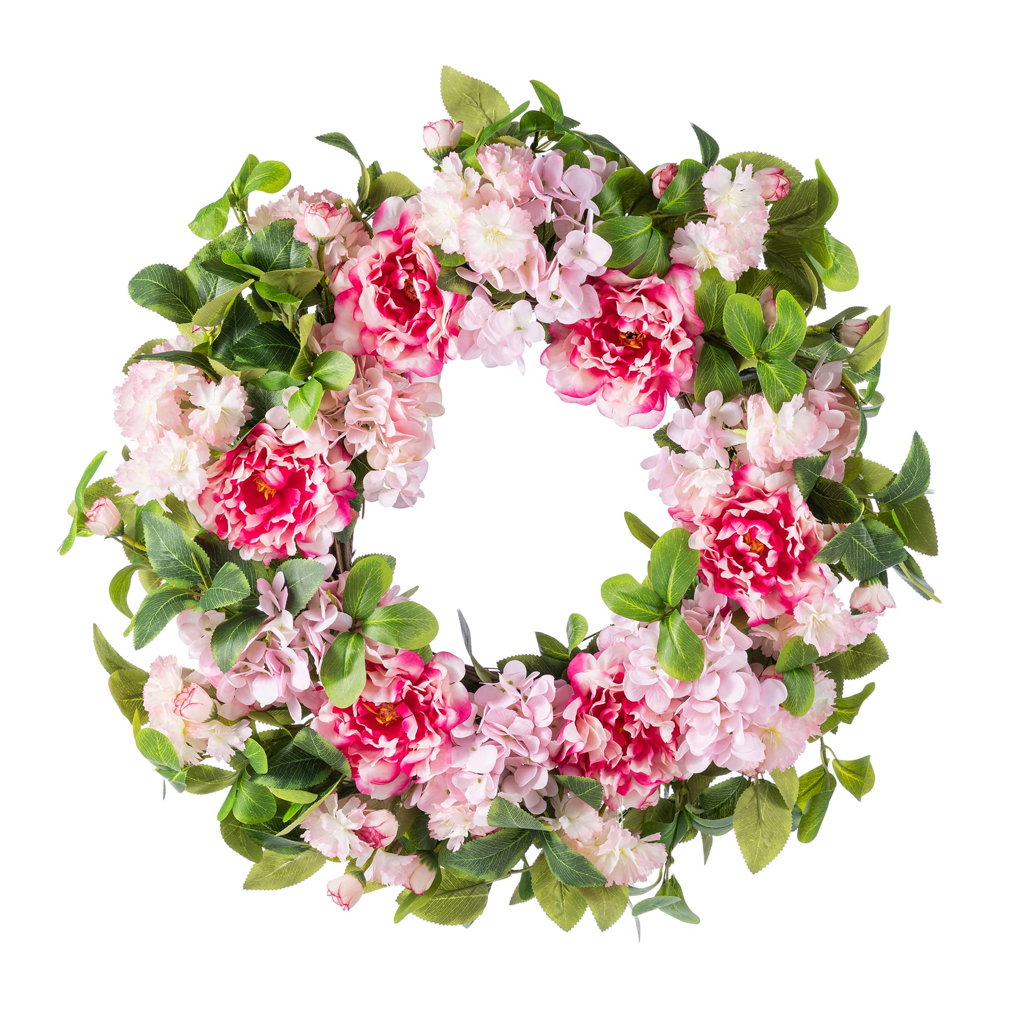 Glitzhome® 24" Pink Hydrangea, Peony & Cherry Blossom Wreath with Black Metal Hanger