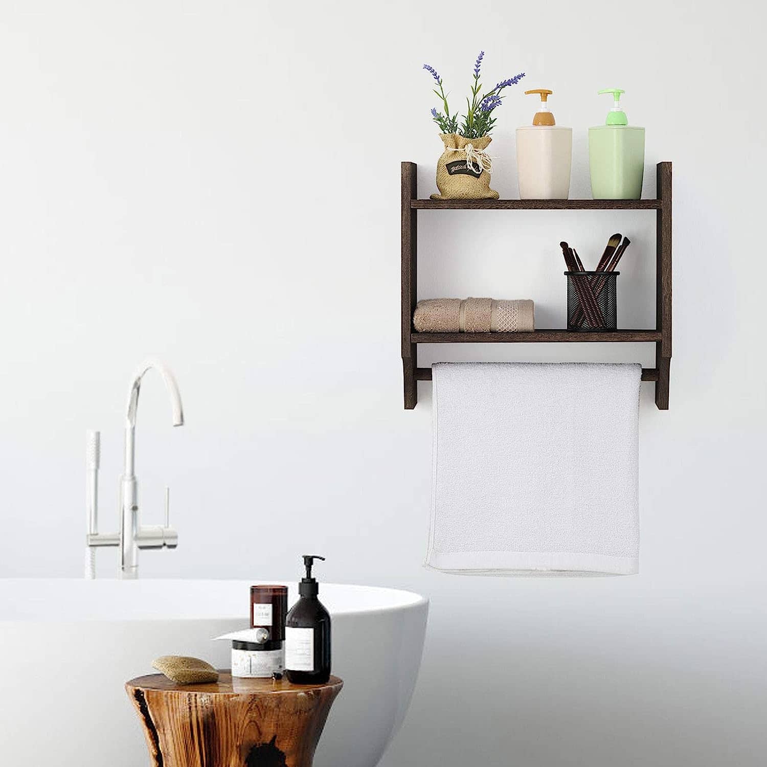 2-Tier Wood Wall Mounted Bathroom Shelf with Towel Rack