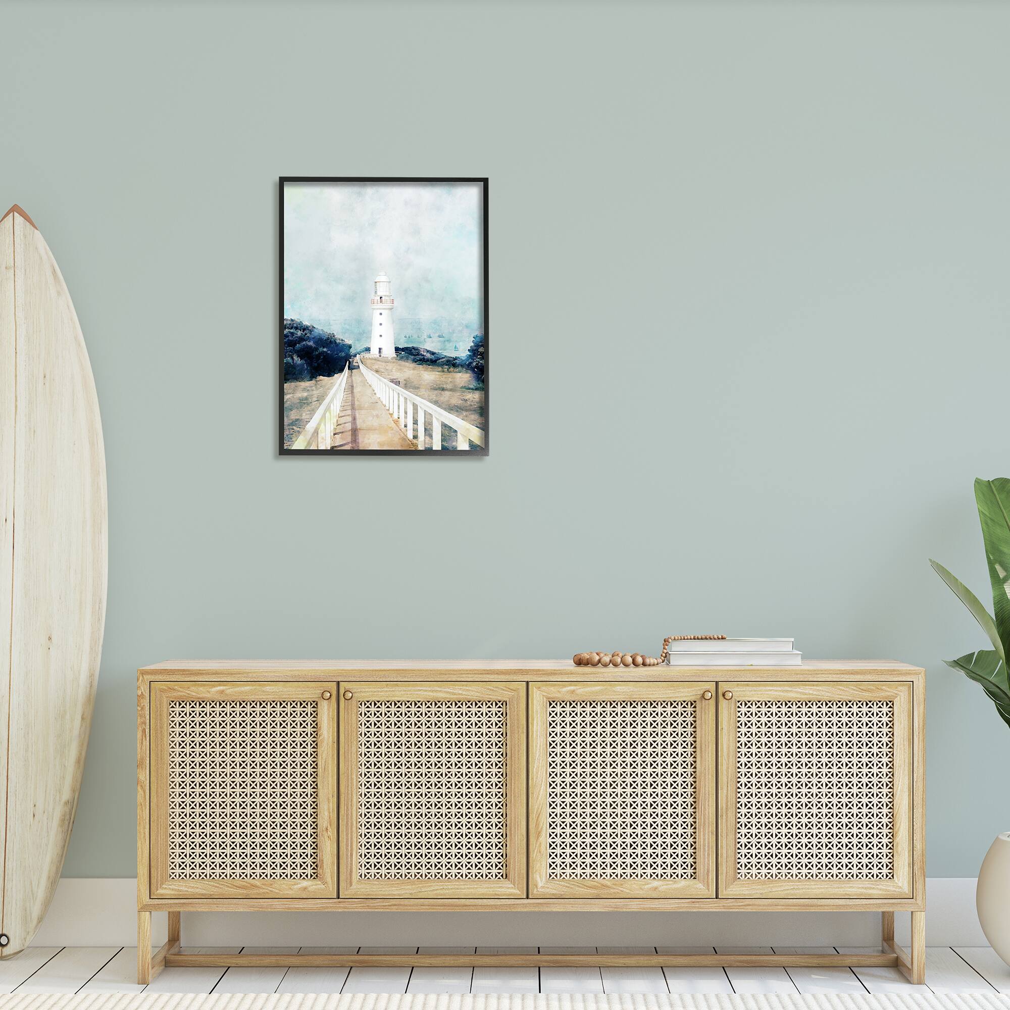 Stupell Industries White Lighthouse Boardwalk Rocky Cliff Coastal Landscape Water Framed Wall Art