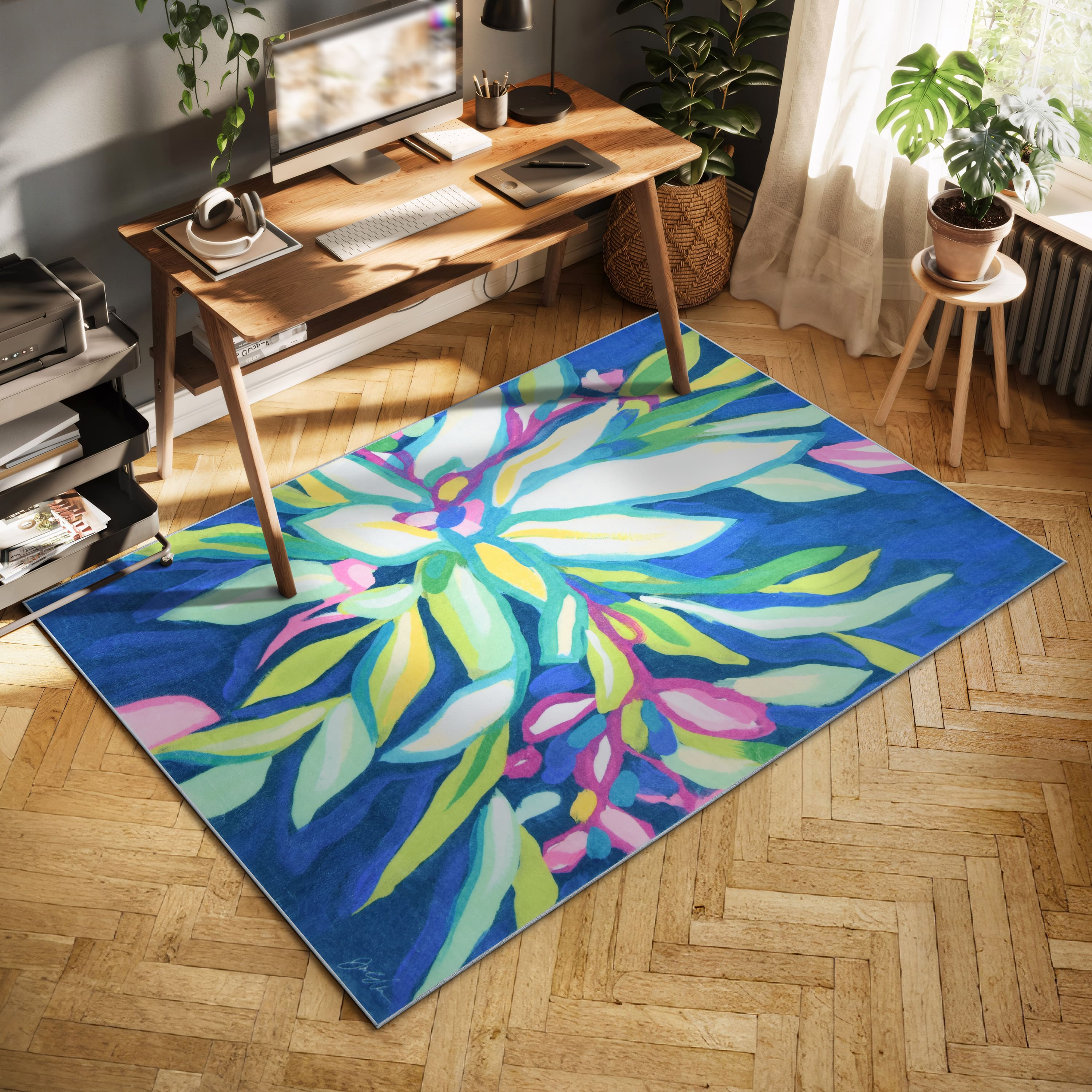Empire Art Direct 5ft. x 8ft. Blue Tropics I Tapis D'Art Flowers Area Rug