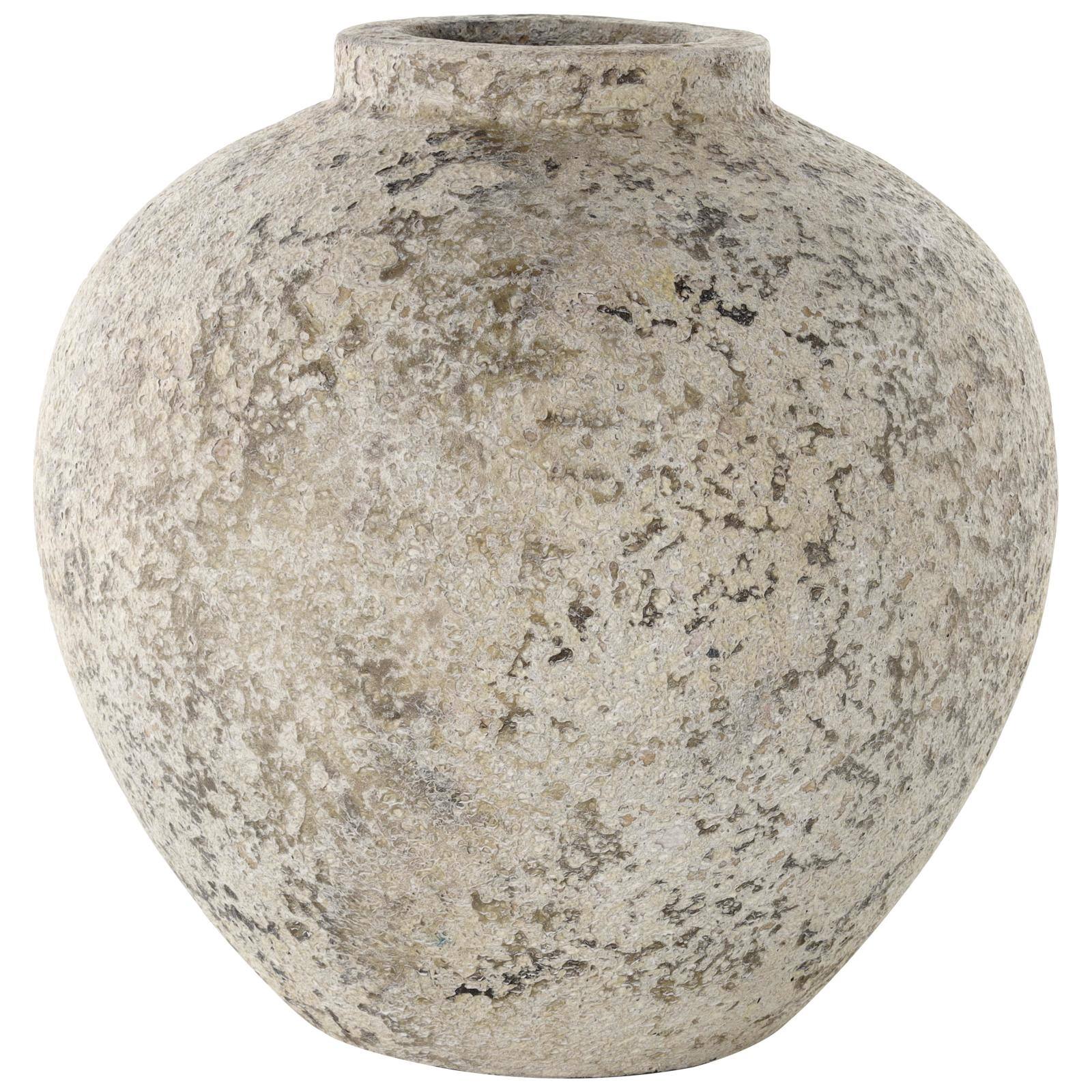 12" Cream Ceramic Antique Style Round Vase with Textured Distressing