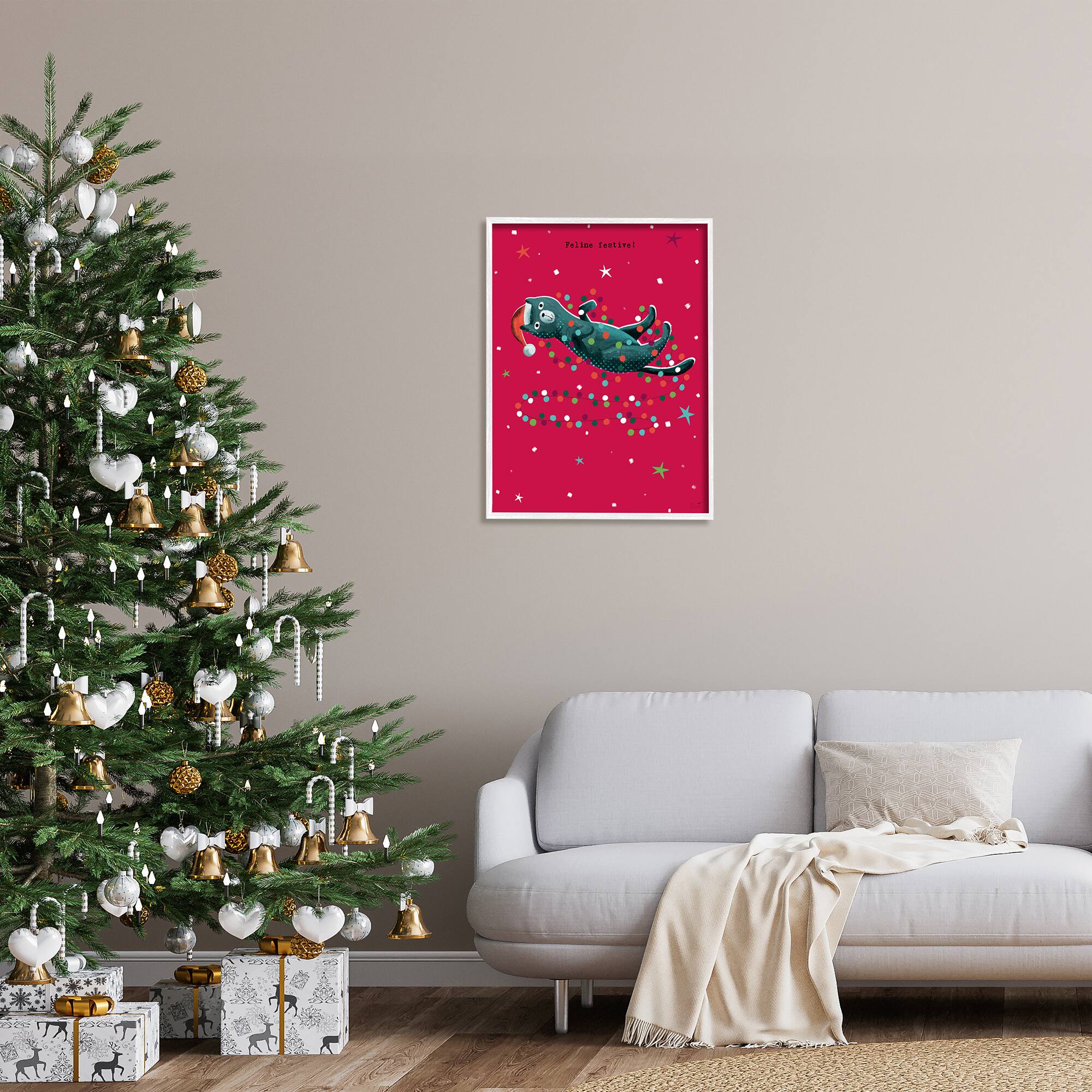 Stupell Industries Feline Festive Christmas Cat Black Framed Giclee Art
