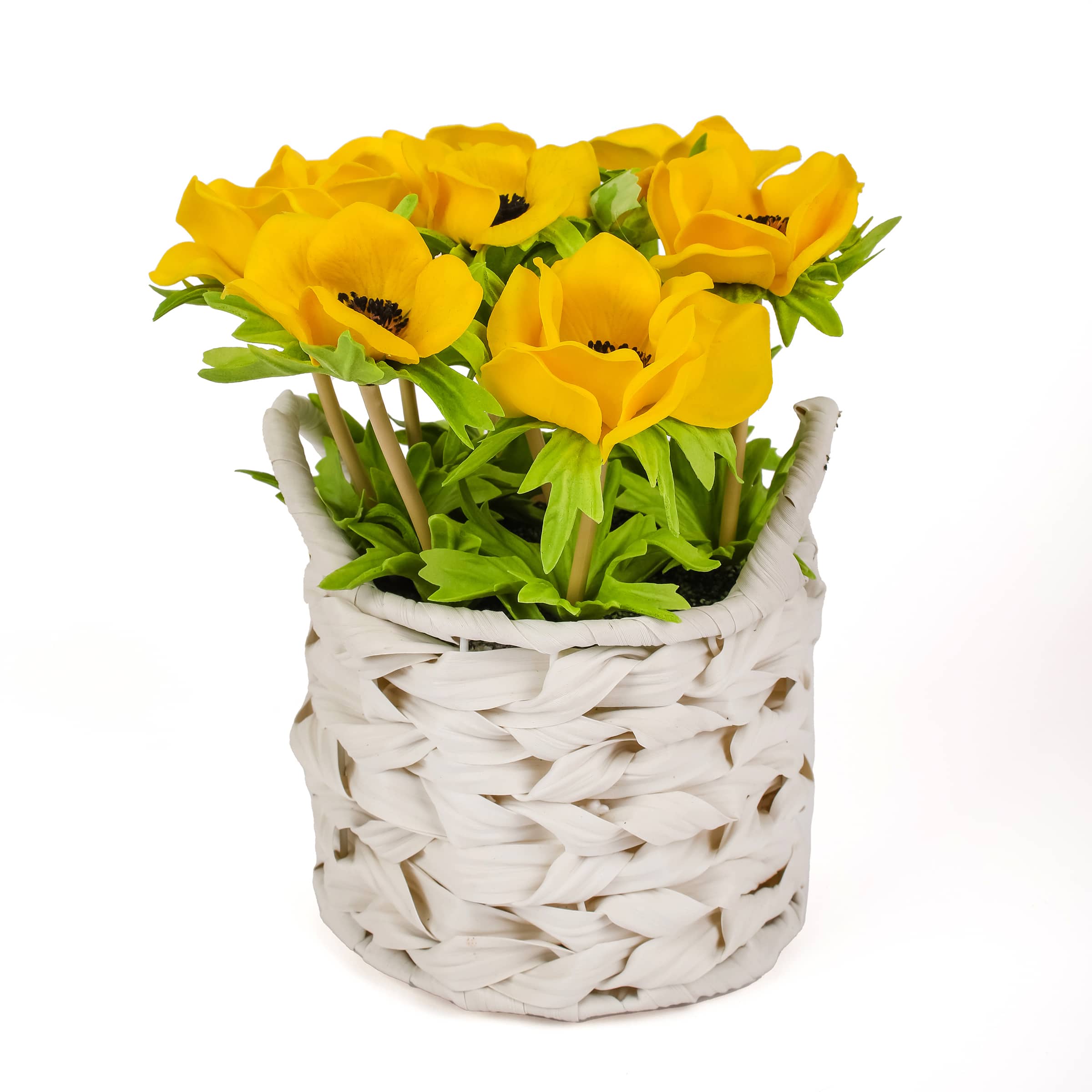 10" Anemone Flower Bouquet In White Basket