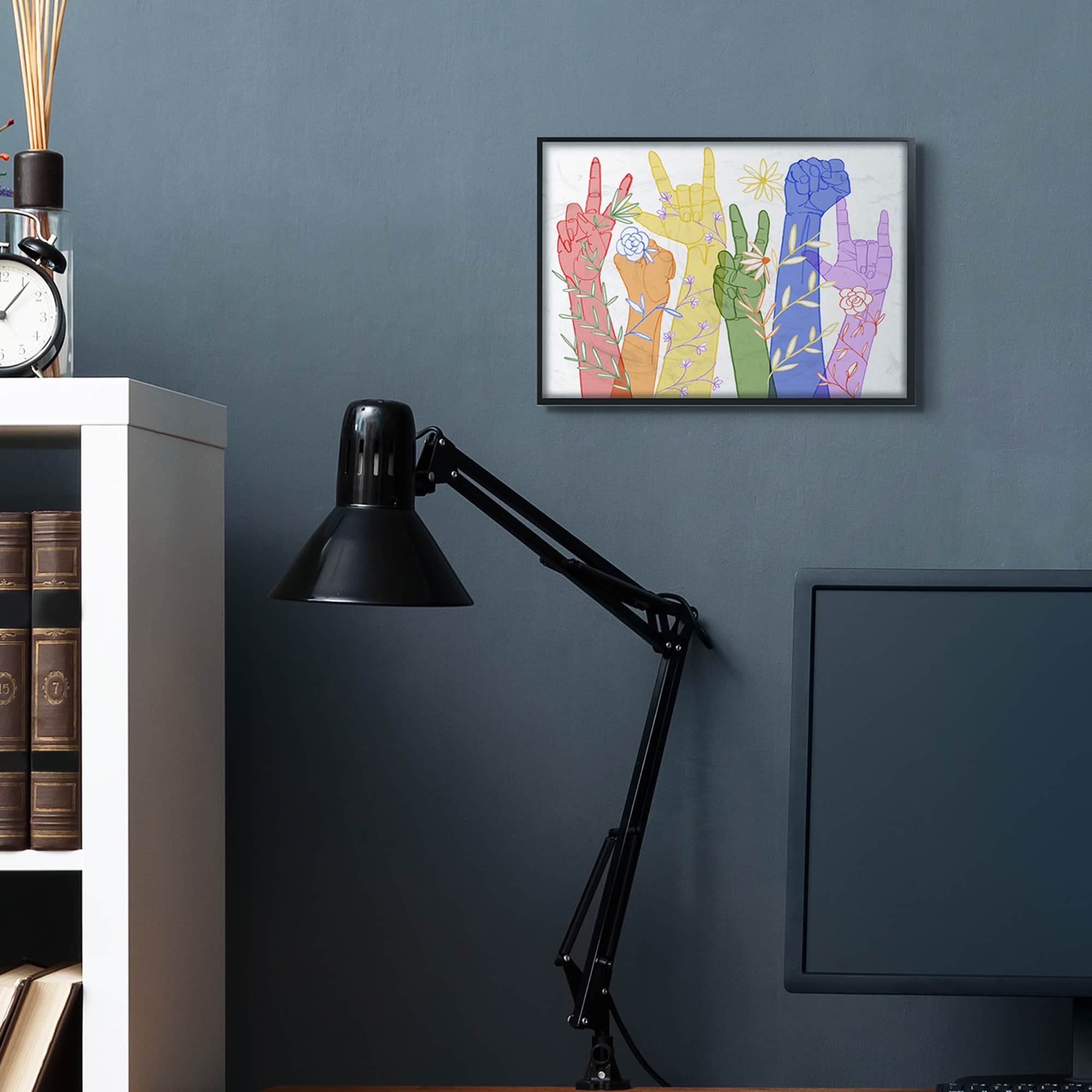 Stupell Industries Rainbow Peace Love Caring Hand Signs ASL Framed Wall Art