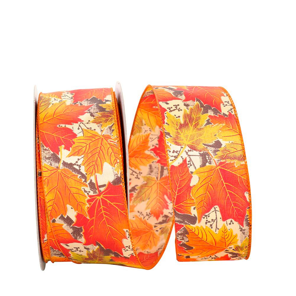 Reliant 2.5" x 50yd. Orange Fall Leaves Wired Ribbon