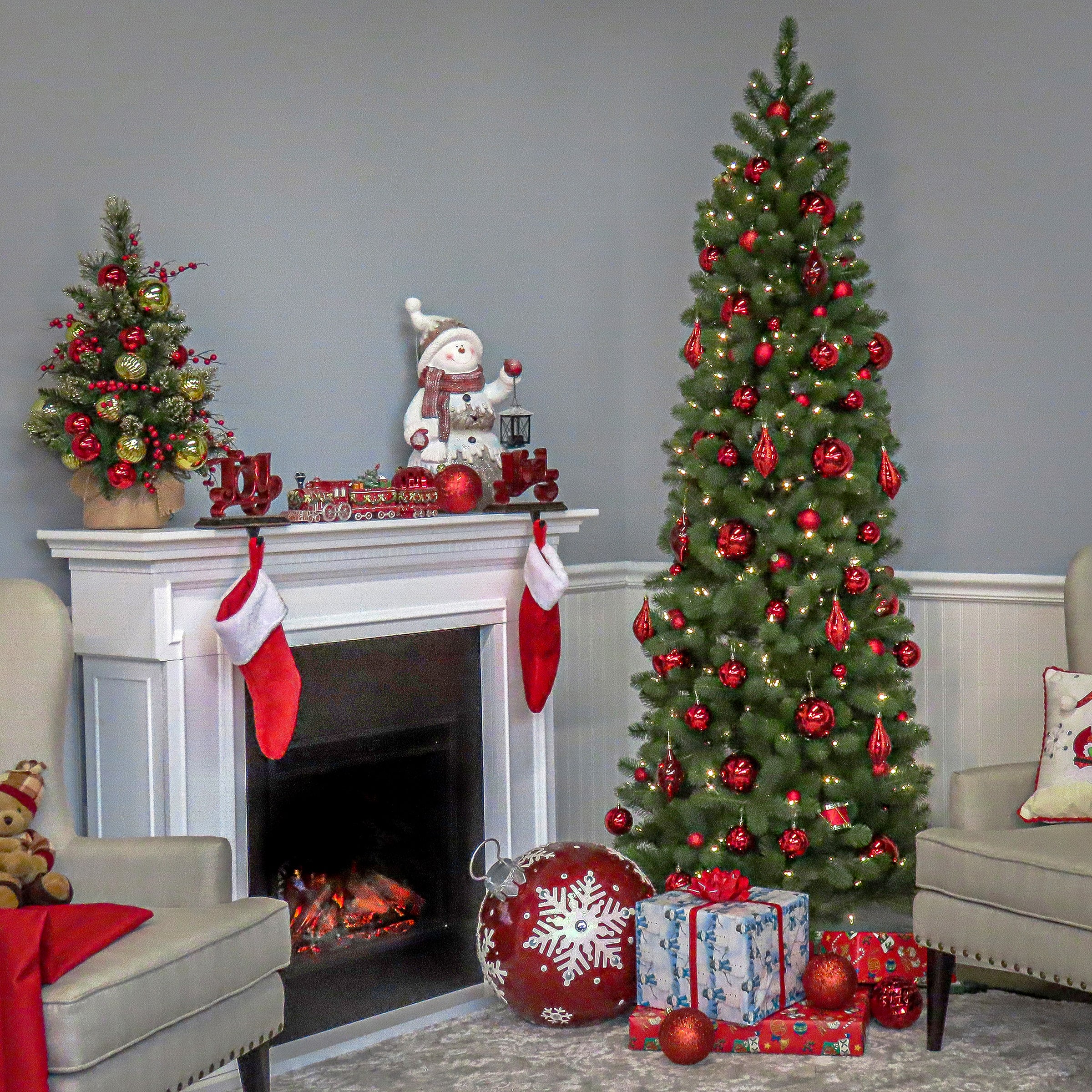 7.5 ft. Pre-lit Feel Real® Hinged Down Swept Douglas Fir Pencil Artificial Christmas Tree, Clear Lights