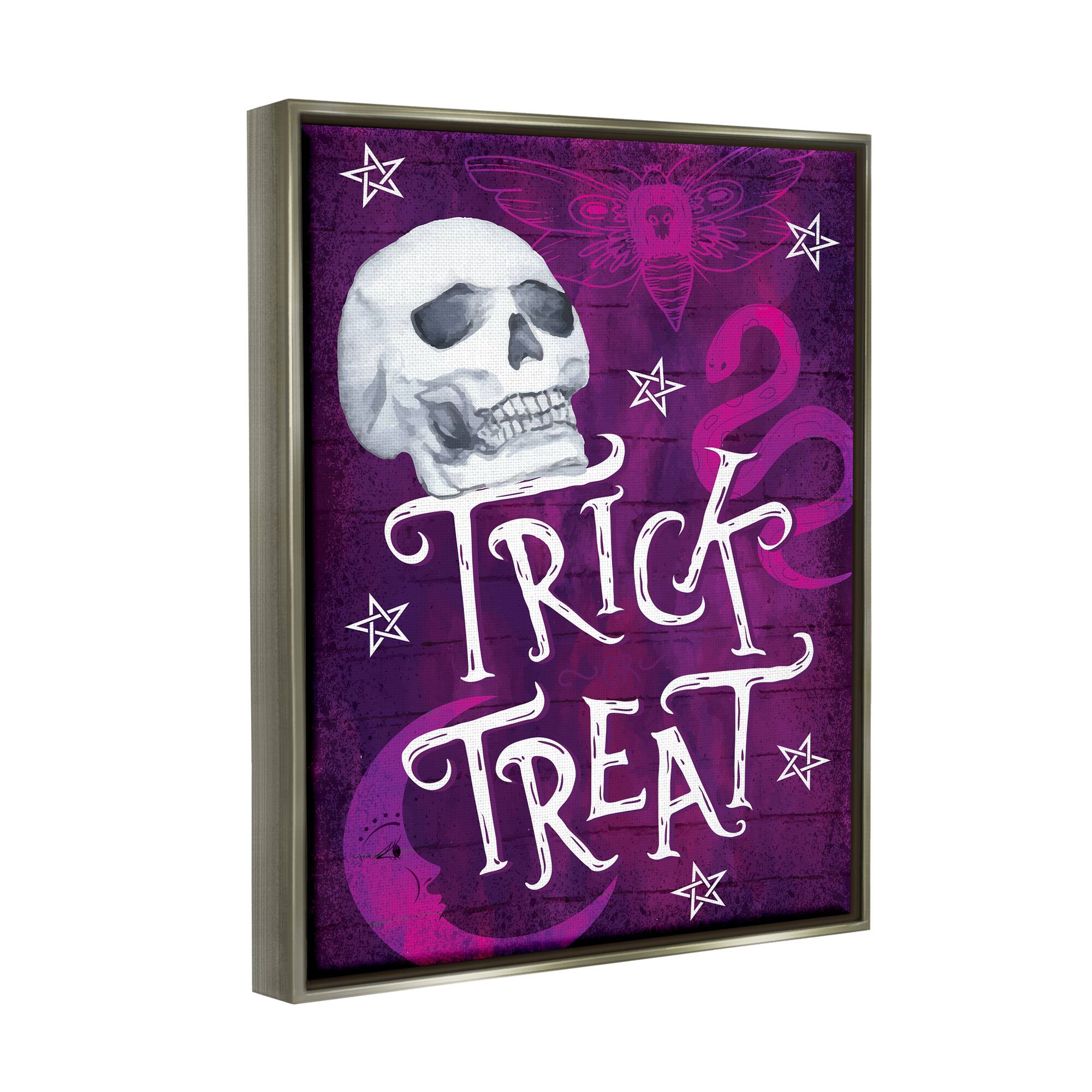 Stupell Industries Trick or Treat Purple Halloween Framed Floater Canvas Wall Art