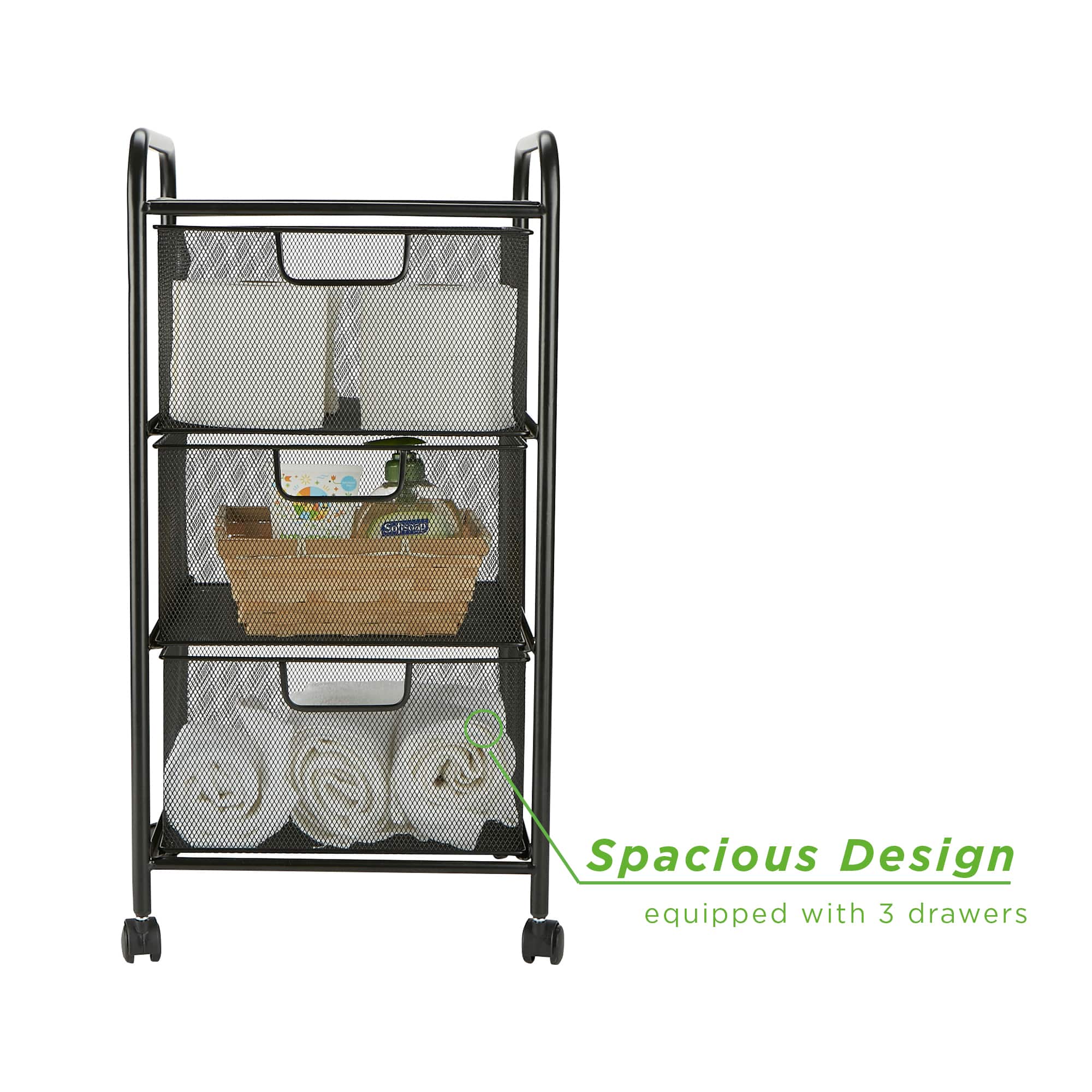 Mind Reader Black 3 Drawer Mesh Rolling Cart