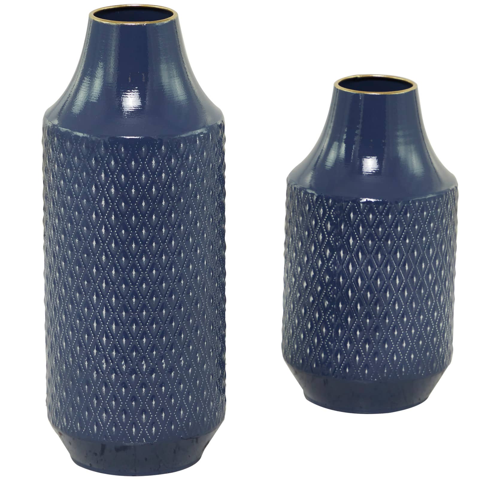 Blue Metal Diamond Embossed Exterior Vase Set of 2 16", 12"