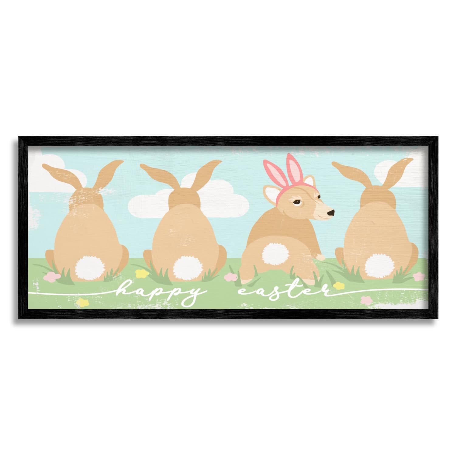 Stupell Industries Happy Easter Sentiment Bunny Tails Funny Corgi Dog Framed Giclee Art