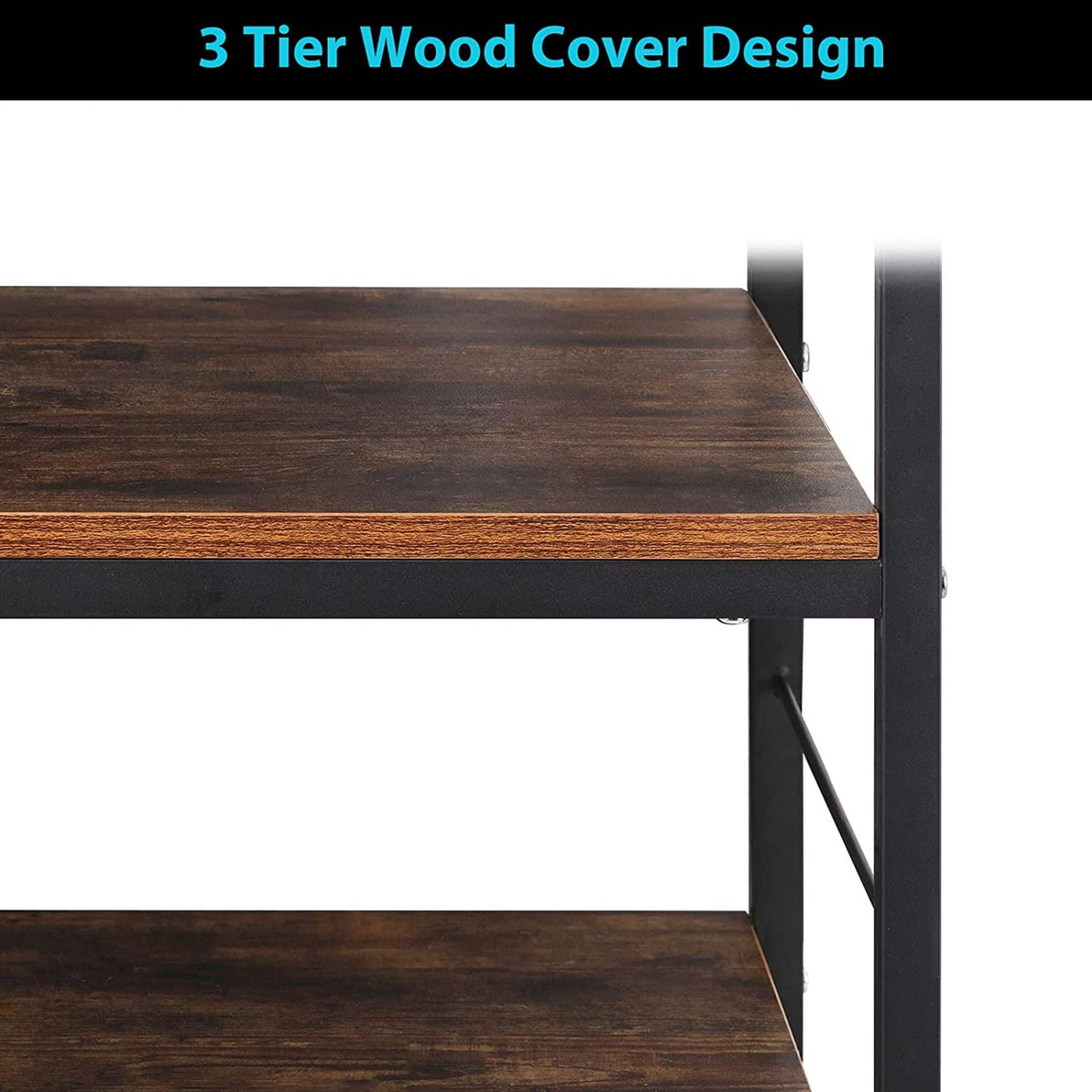 Rustic Brown Wood Kitchen Carts 3-Tier Rolling Rack with 10 Hooks