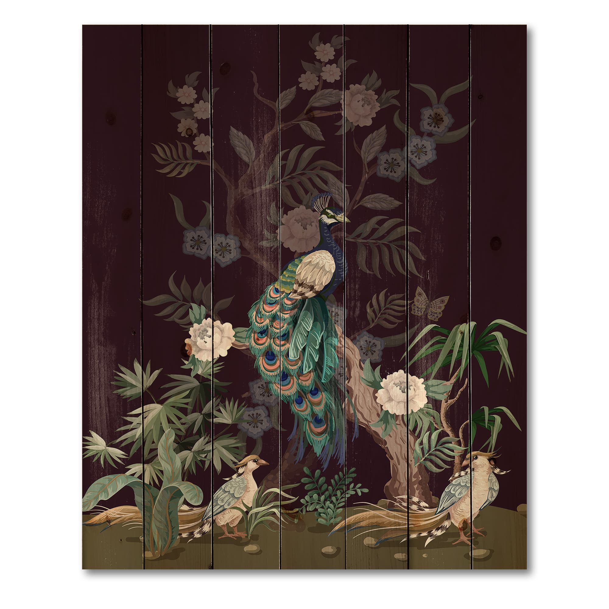 Designart - Chinoiserie With Birds and Peonies V - Traditional Print on Natural Pine Wood